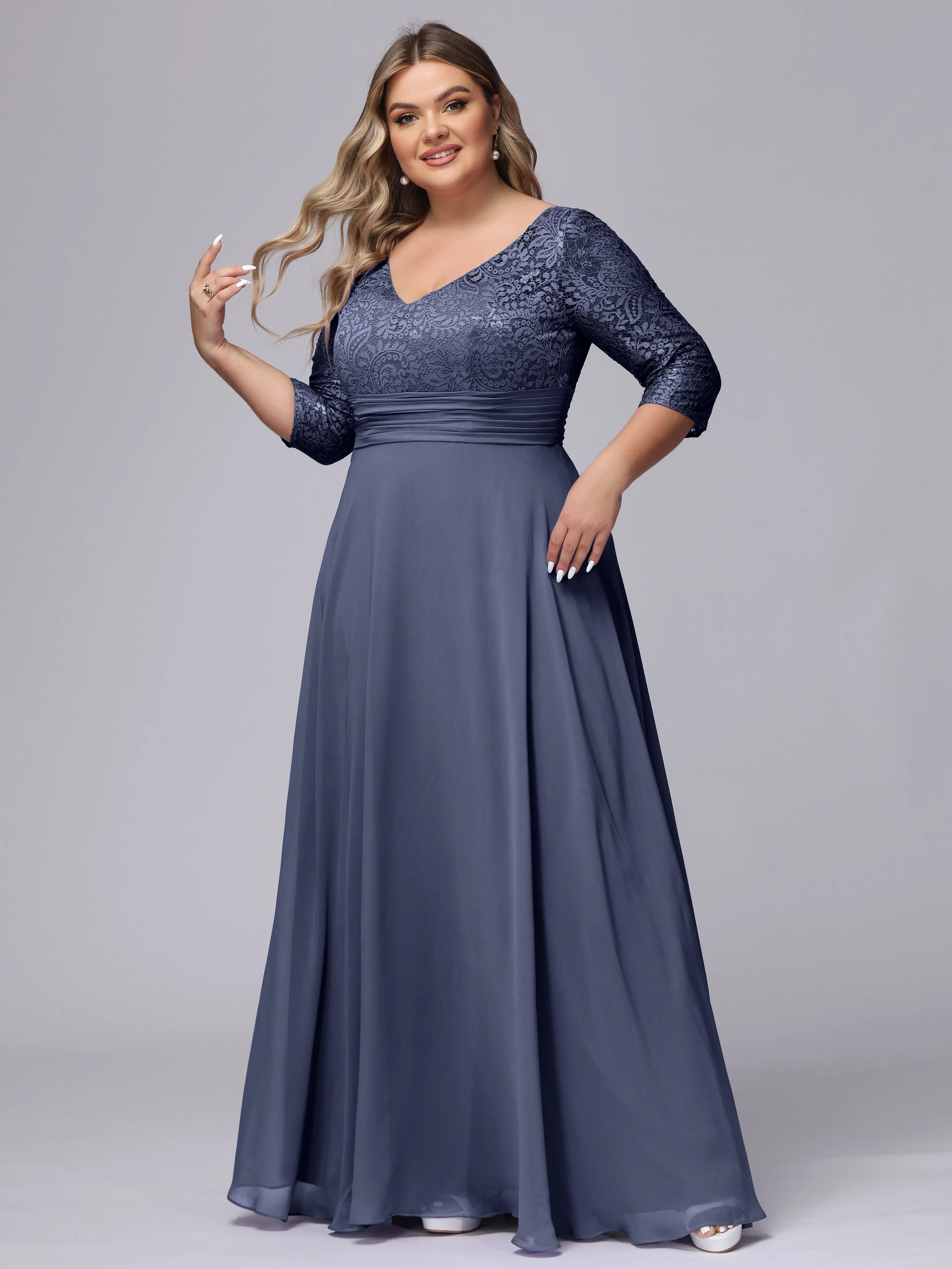 A-line V-Neck 3/4 Sleeves Lace Chiffon Plus Size Bridesmaid Dresses