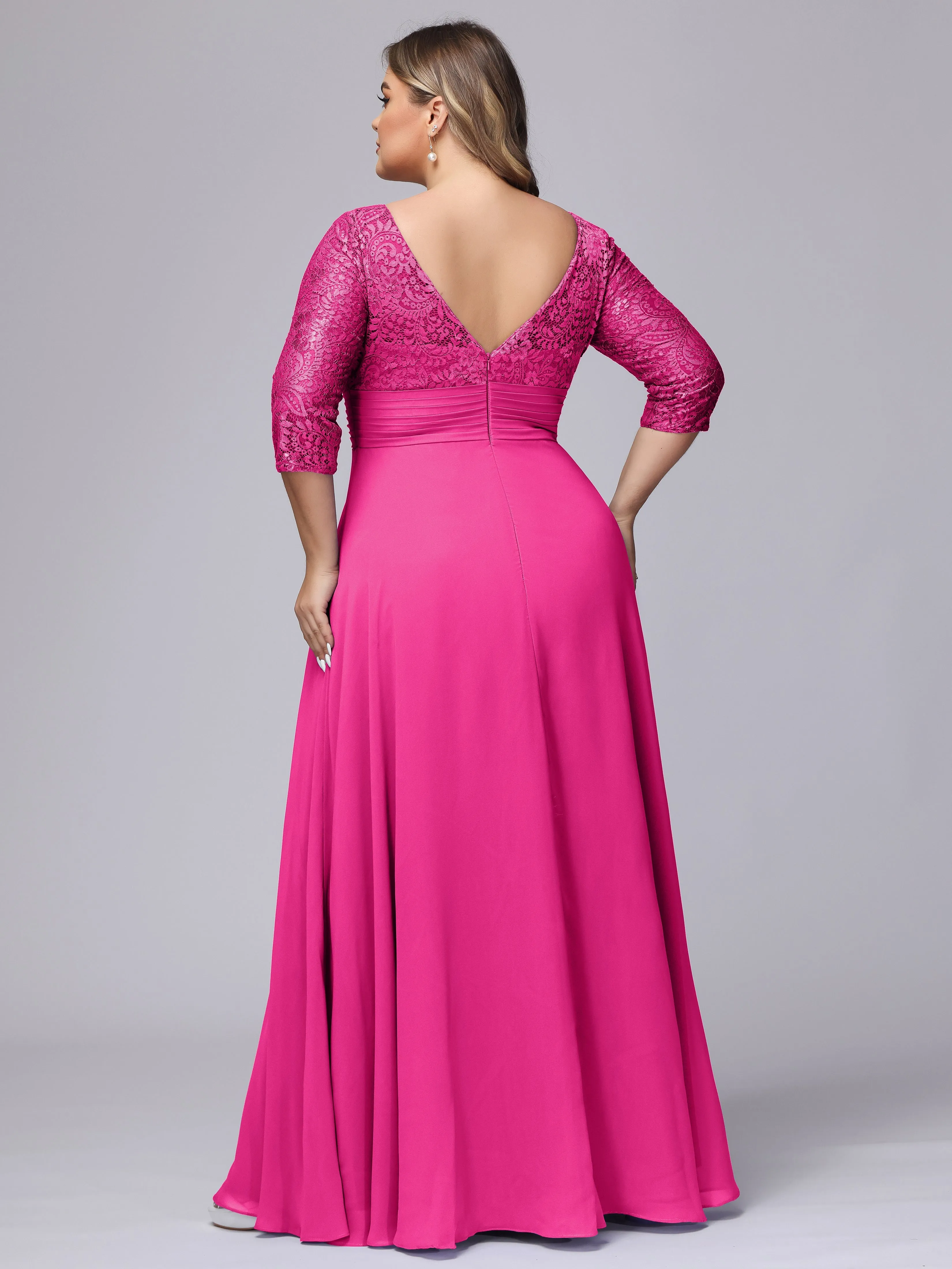 A-line V-Neck 3/4 Sleeves Lace Chiffon Plus Size Bridesmaid Dresses