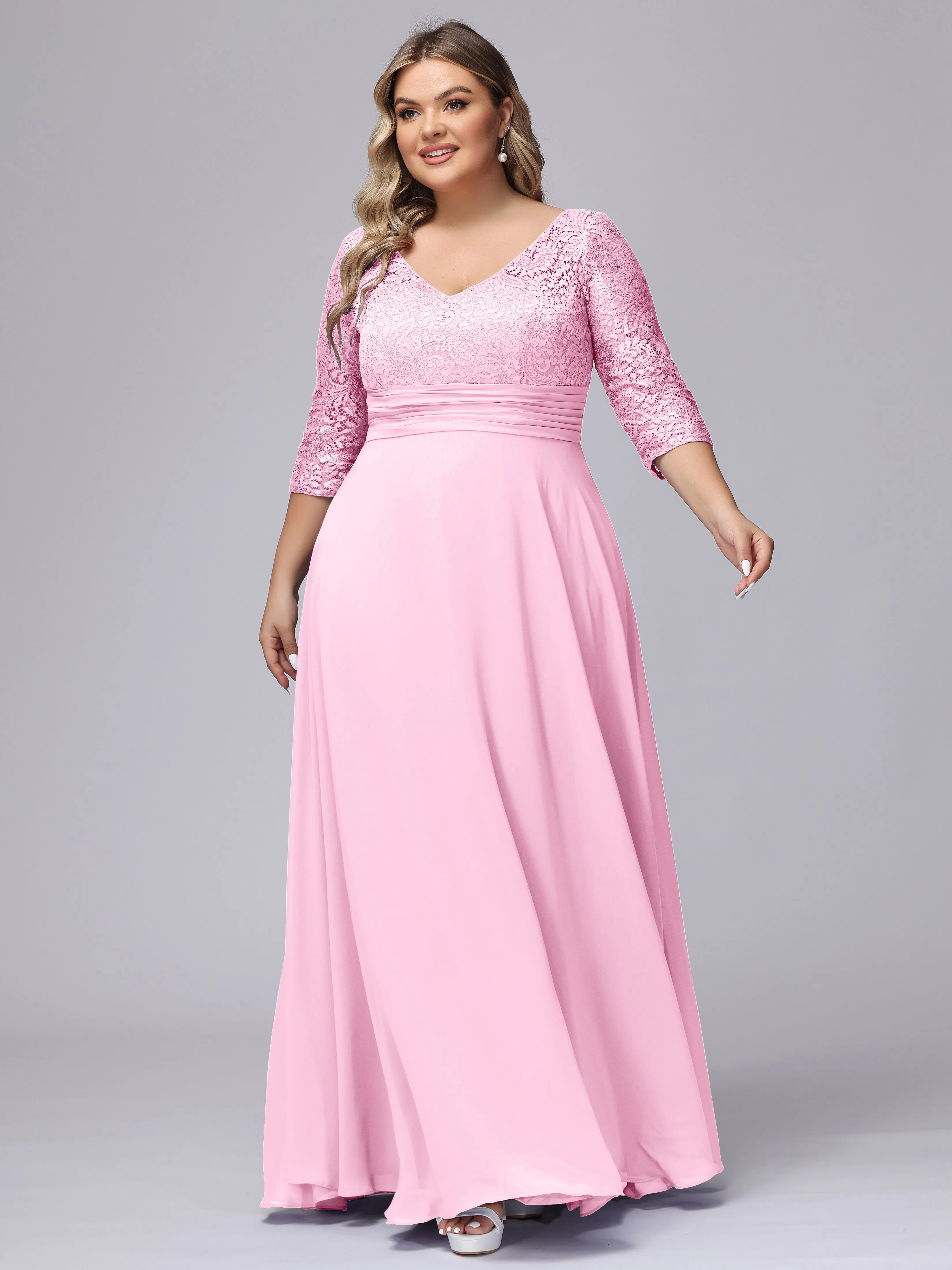 A-line V-Neck 3/4 Sleeves Lace Chiffon Plus Size Bridesmaid Dresses