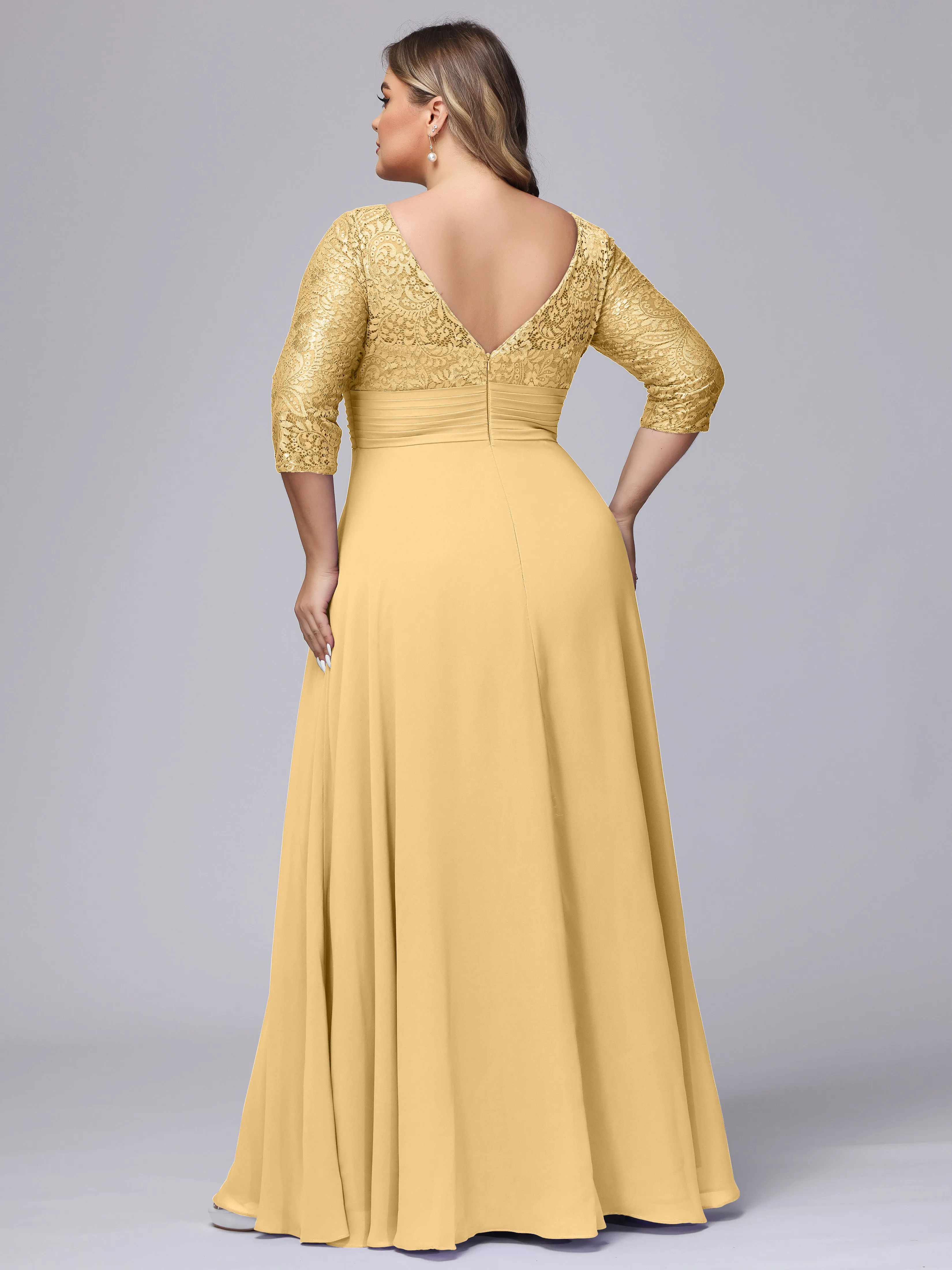 A-line V-Neck 3/4 Sleeves Lace Chiffon Plus Size Bridesmaid Dresses