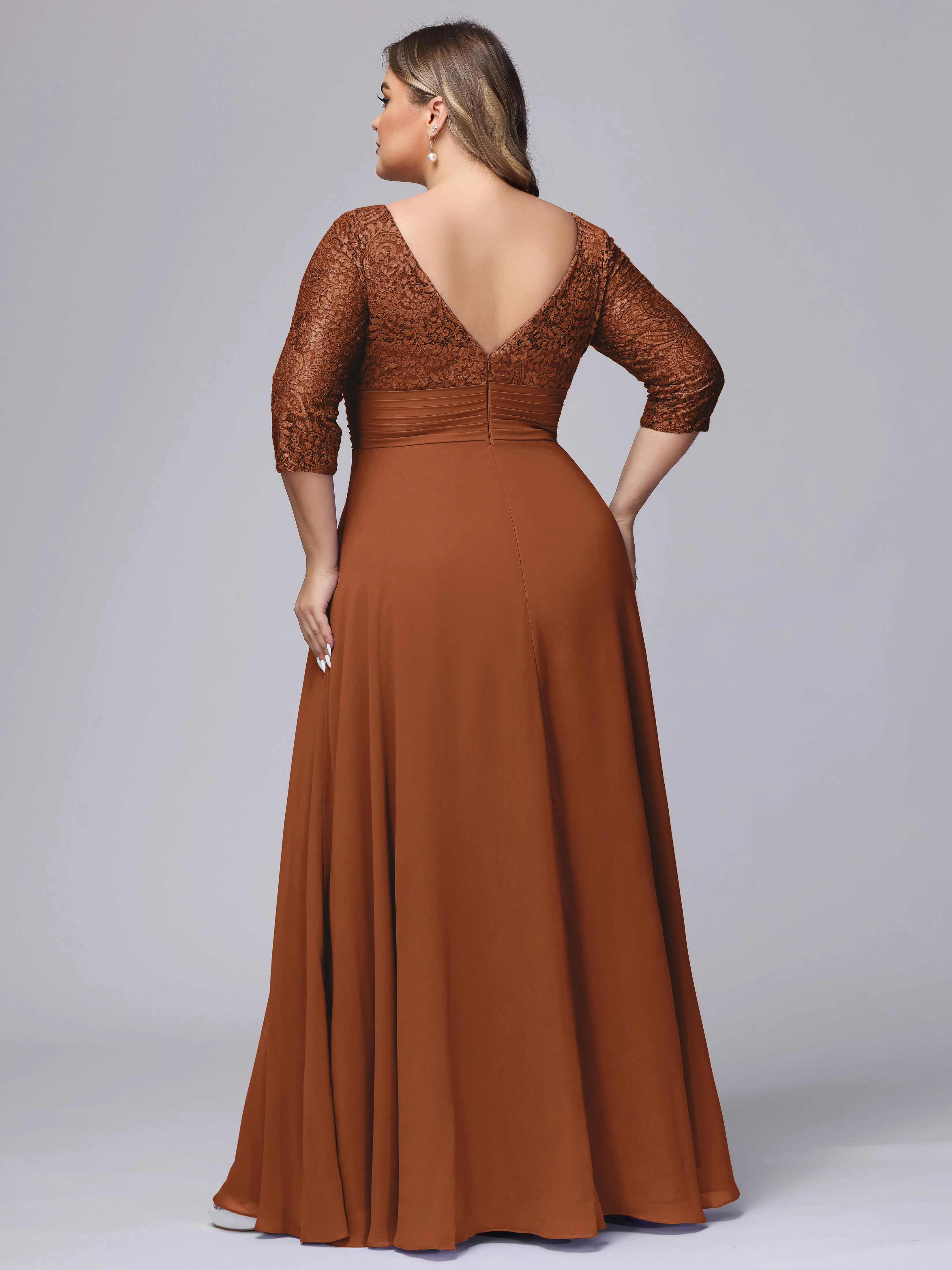 A-line V-Neck 3/4 Sleeves Lace Chiffon Plus Size Bridesmaid Dresses