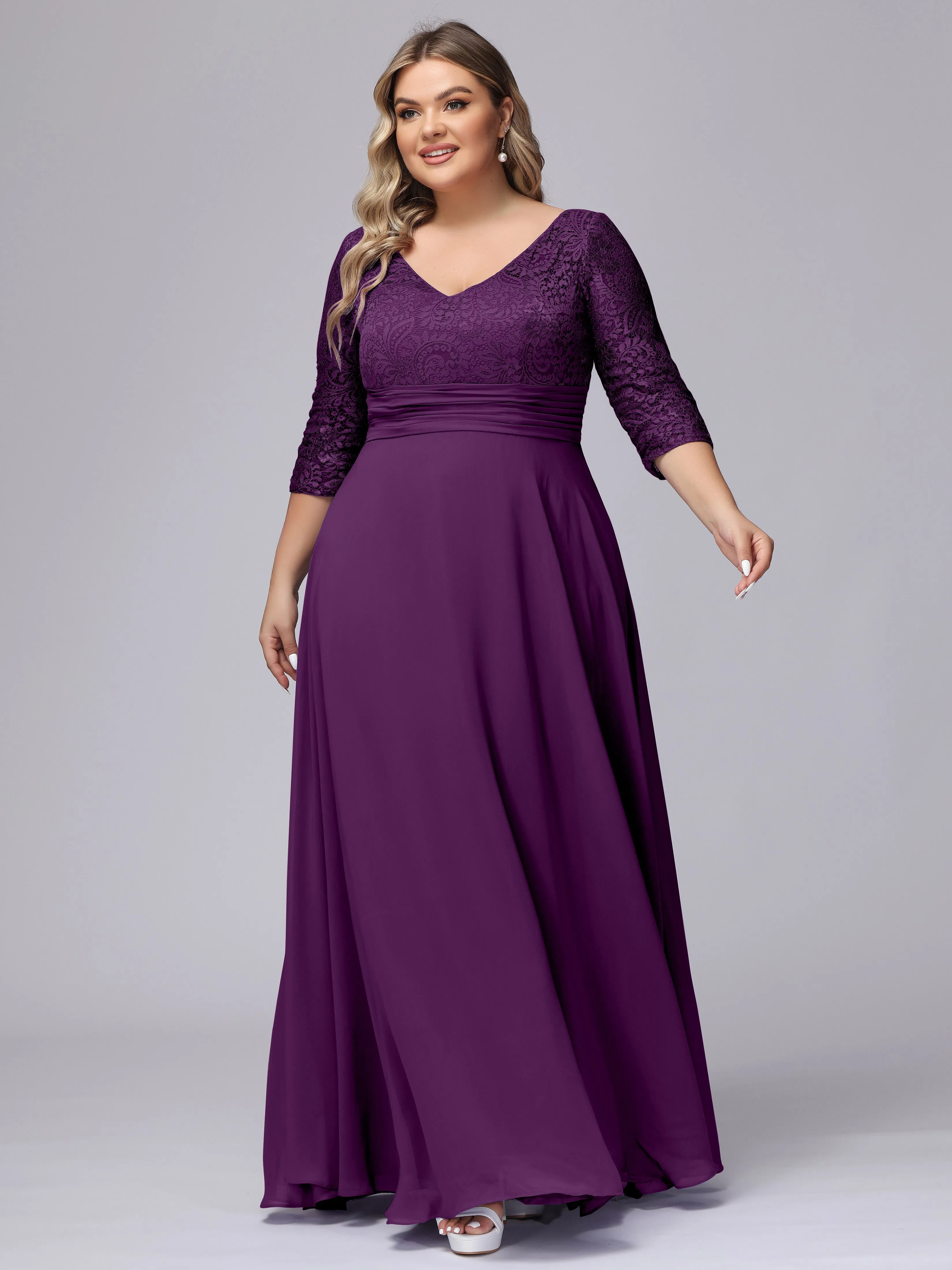 A-line V-Neck 3/4 Sleeves Lace Chiffon Plus Size Bridesmaid Dresses