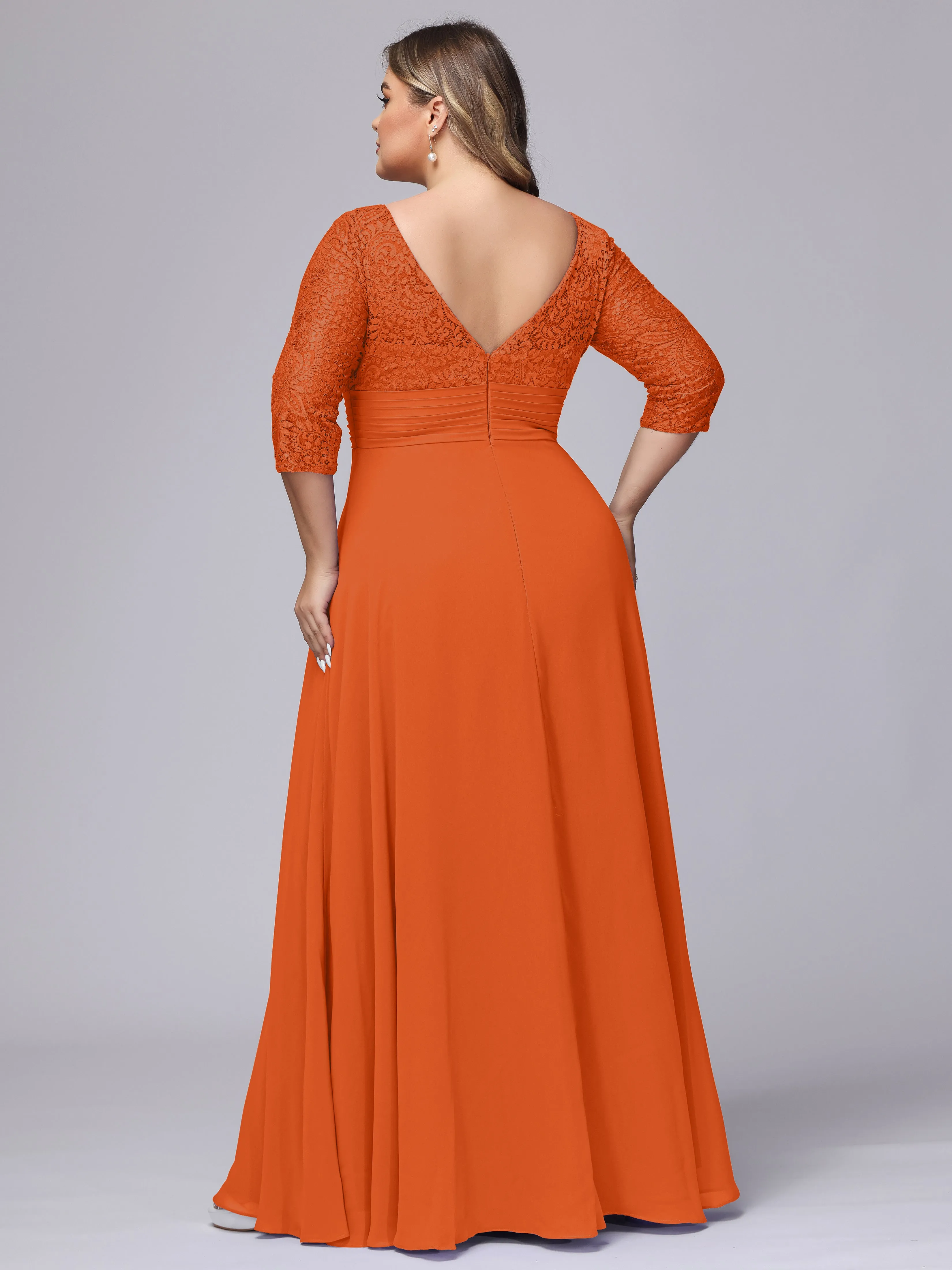 A-line V-Neck 3/4 Sleeves Lace Chiffon Plus Size Bridesmaid Dresses