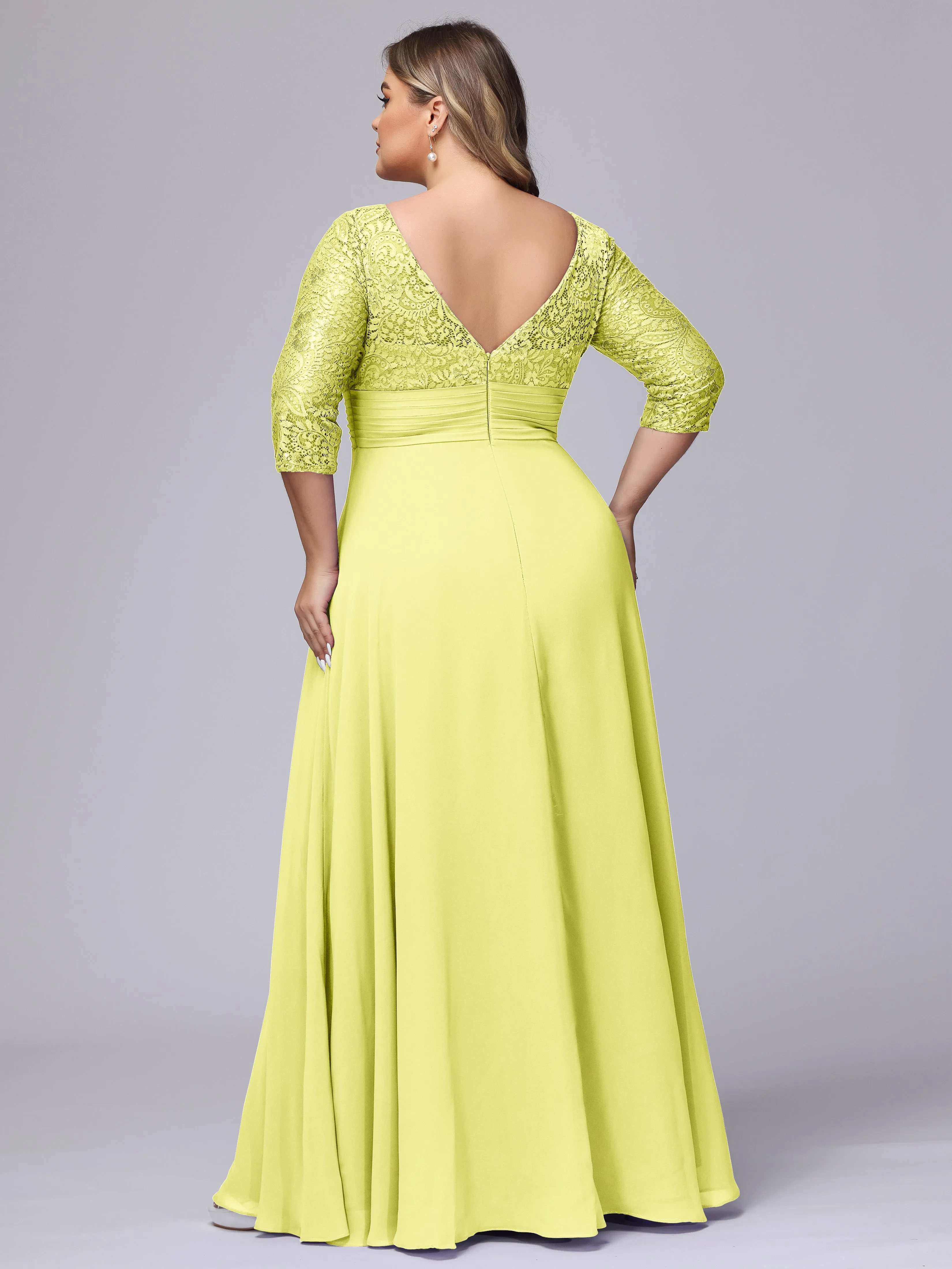 A-line V-Neck 3/4 Sleeves Lace Chiffon Plus Size Bridesmaid Dresses