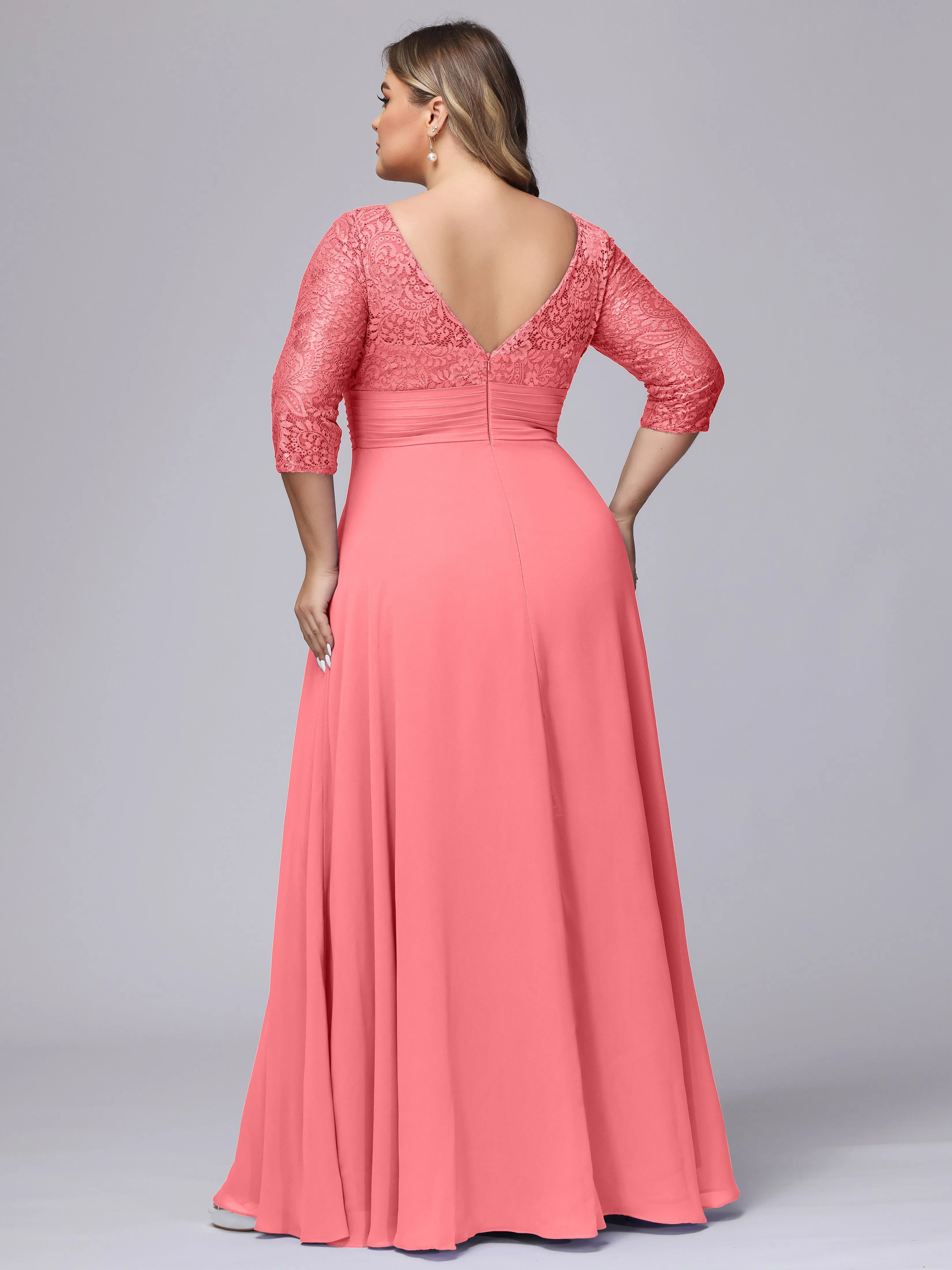 A-line V-Neck 3/4 Sleeves Lace Chiffon Plus Size Bridesmaid Dresses