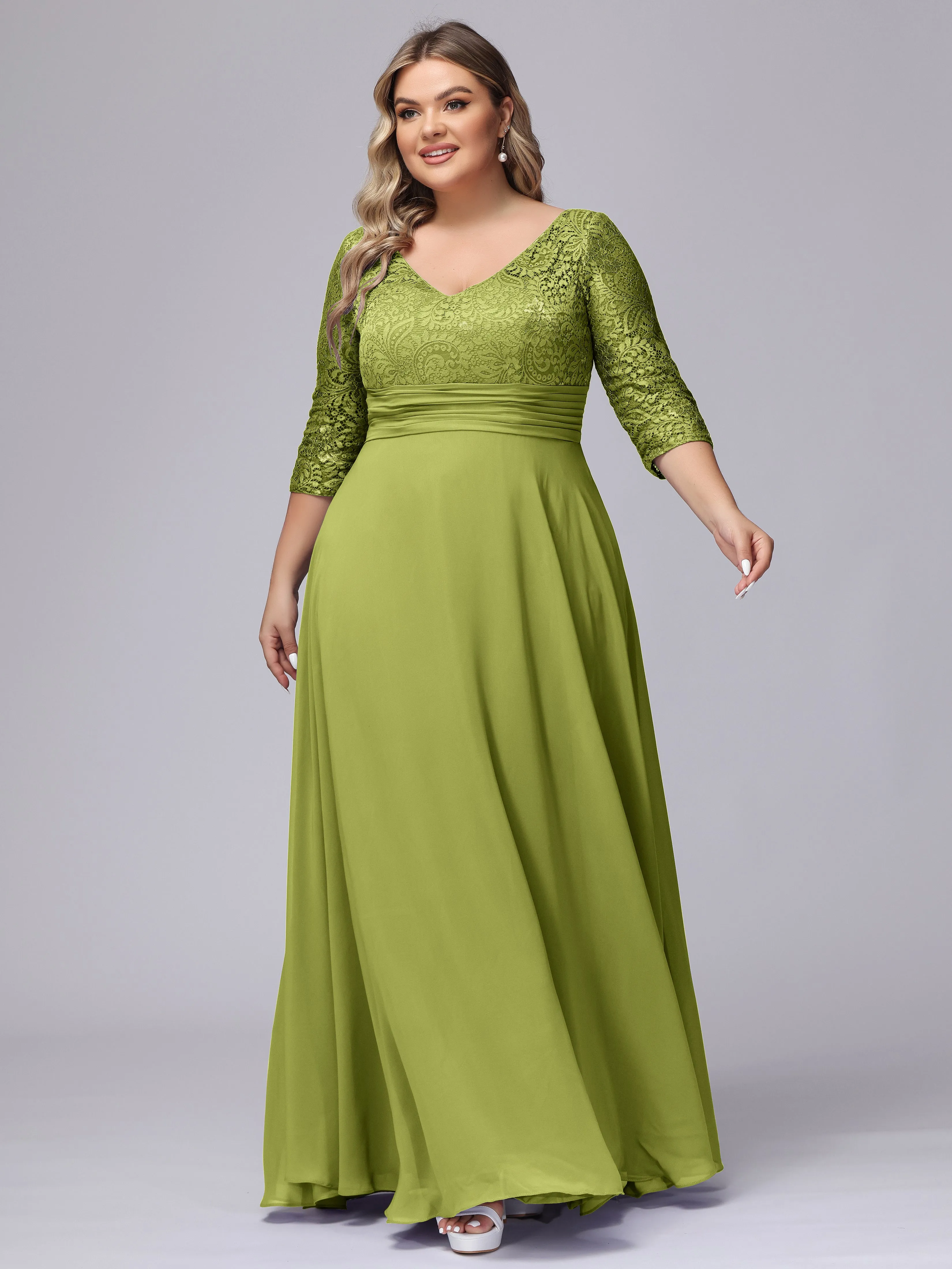 A-line V-Neck 3/4 Sleeves Lace Chiffon Plus Size Bridesmaid Dresses