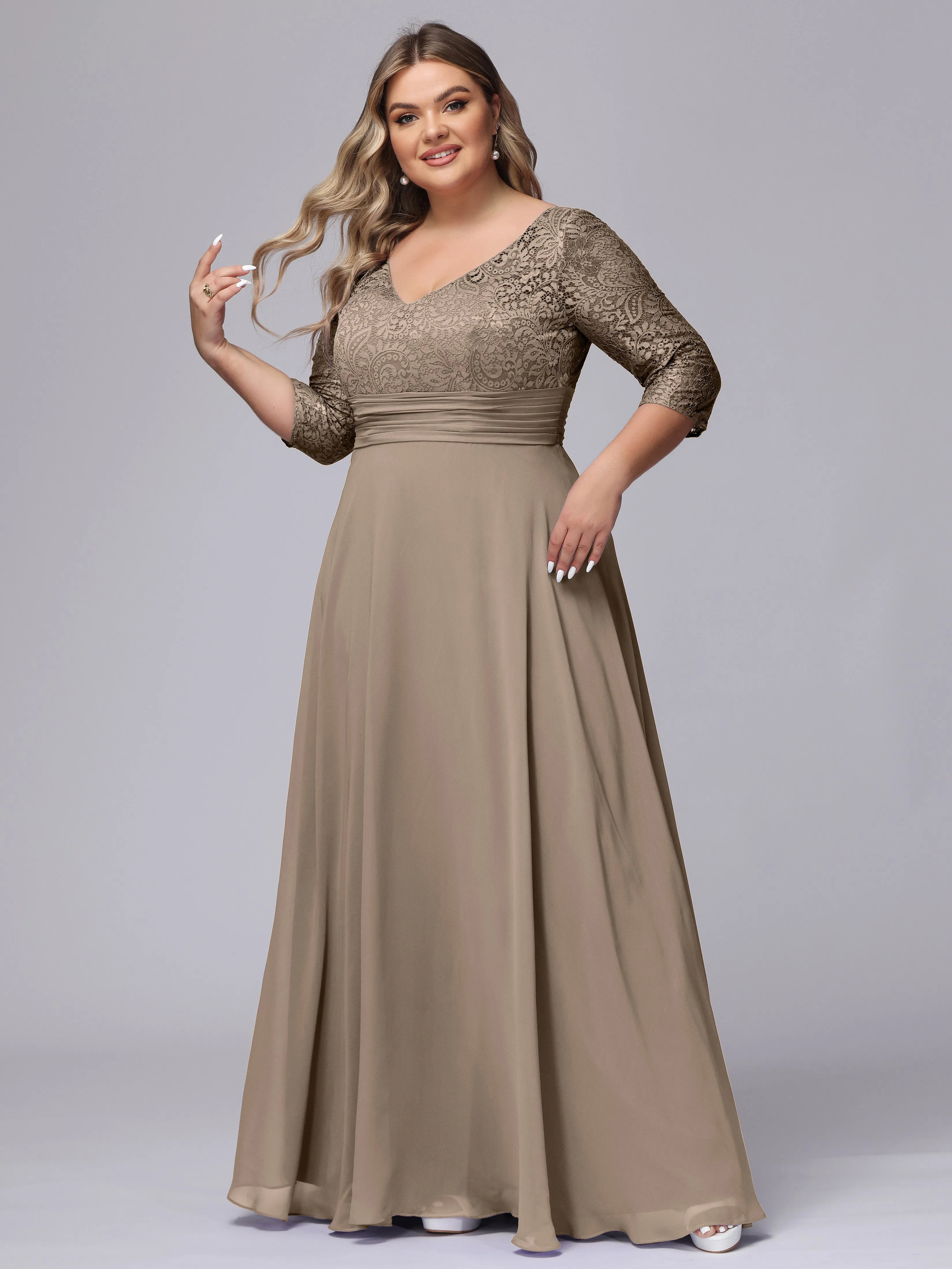 A-line V-Neck 3/4 Sleeves Lace Chiffon Plus Size Bridesmaid Dresses