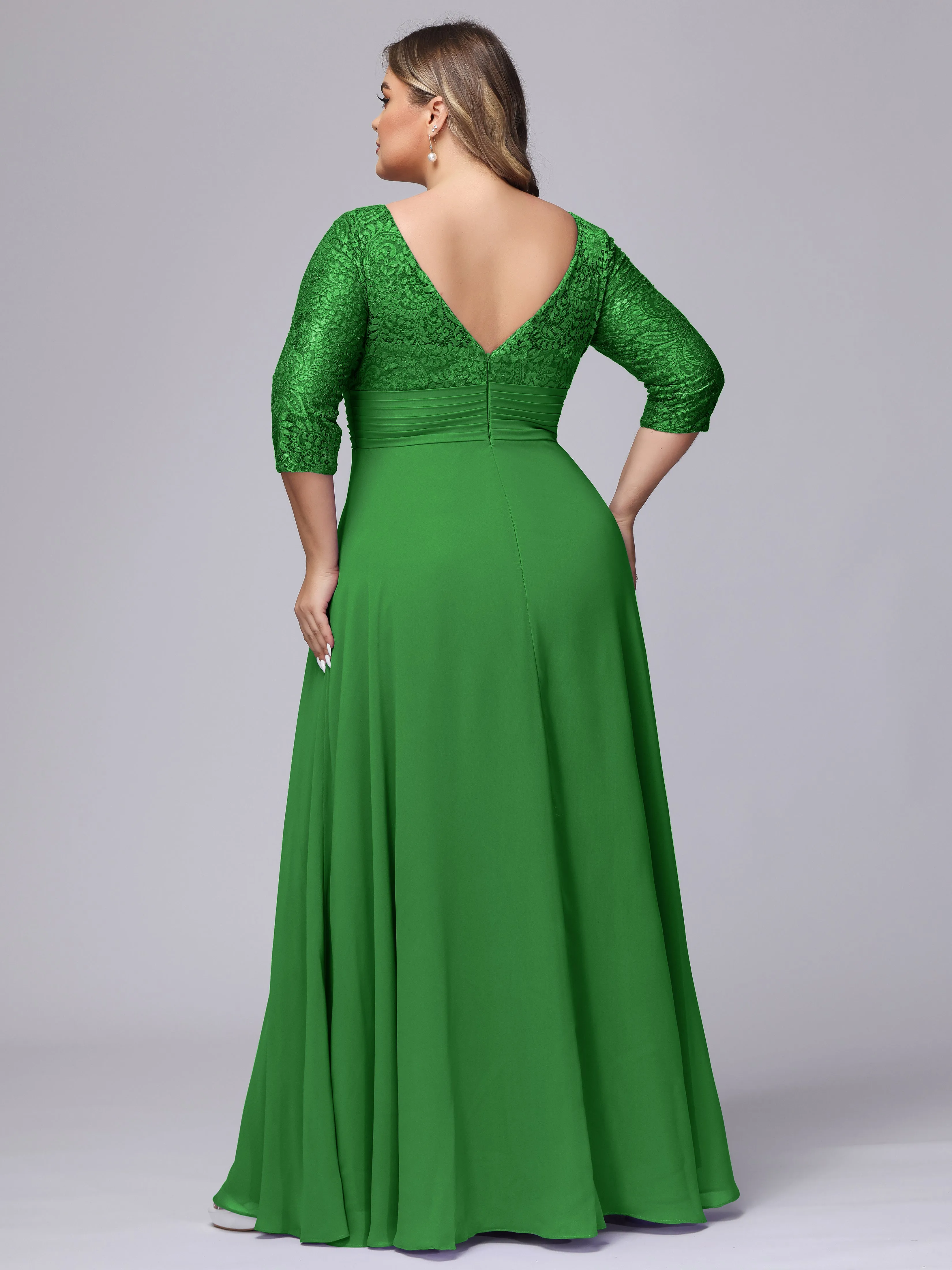 A-line V-Neck 3/4 Sleeves Lace Chiffon Plus Size Bridesmaid Dresses