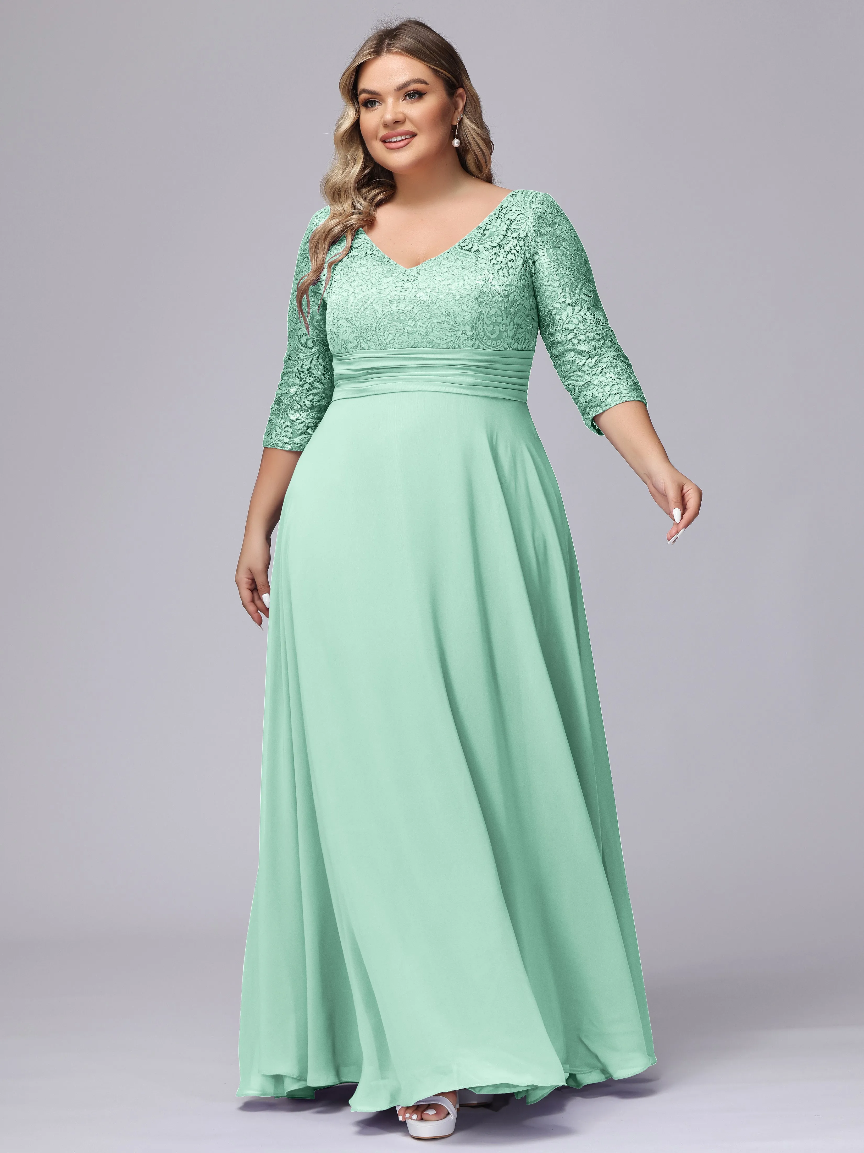 A-line V-Neck 3/4 Sleeves Lace Chiffon Plus Size Bridesmaid Dresses