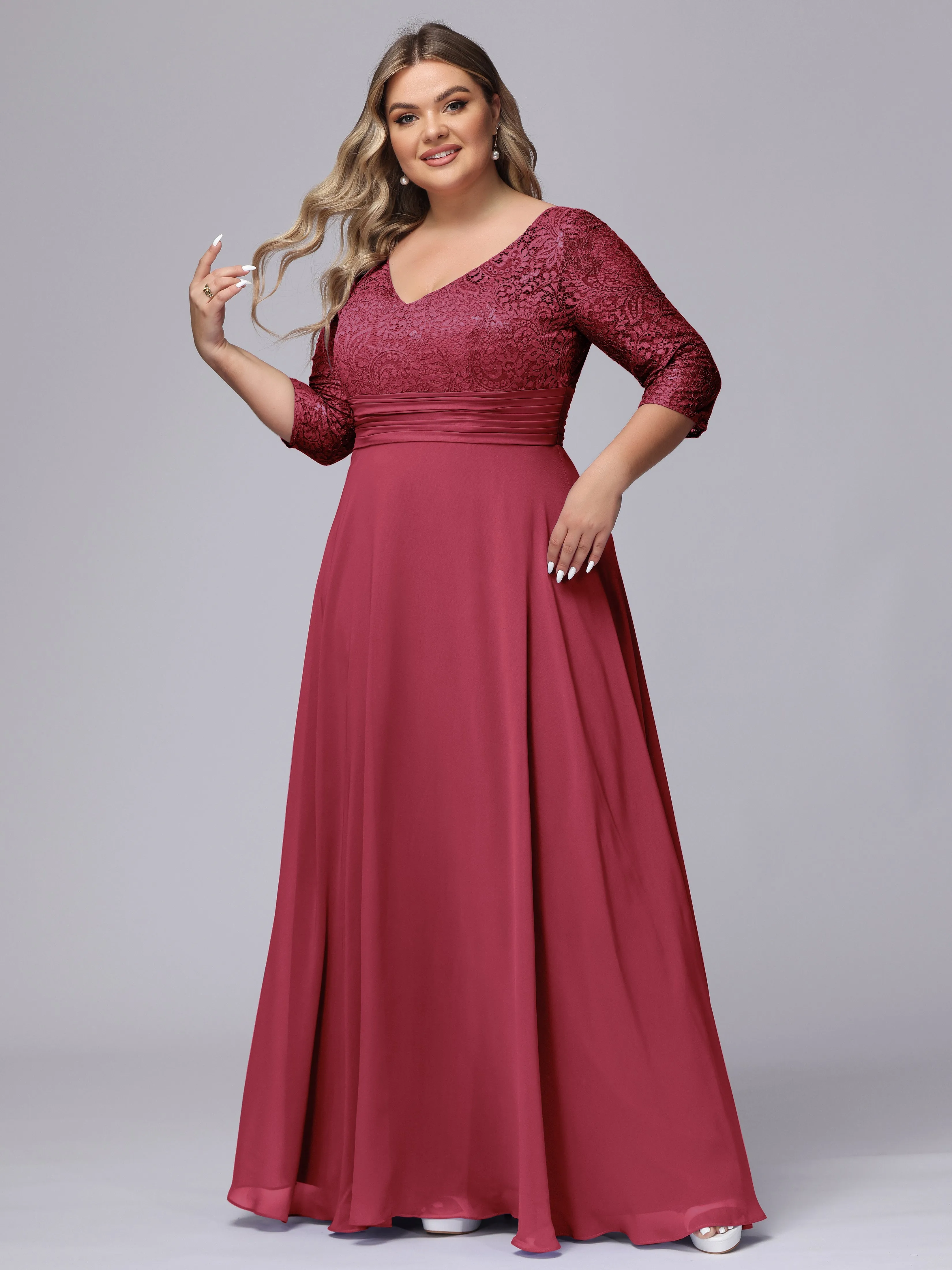 A-line V-Neck 3/4 Sleeves Lace Chiffon Plus Size Bridesmaid Dresses