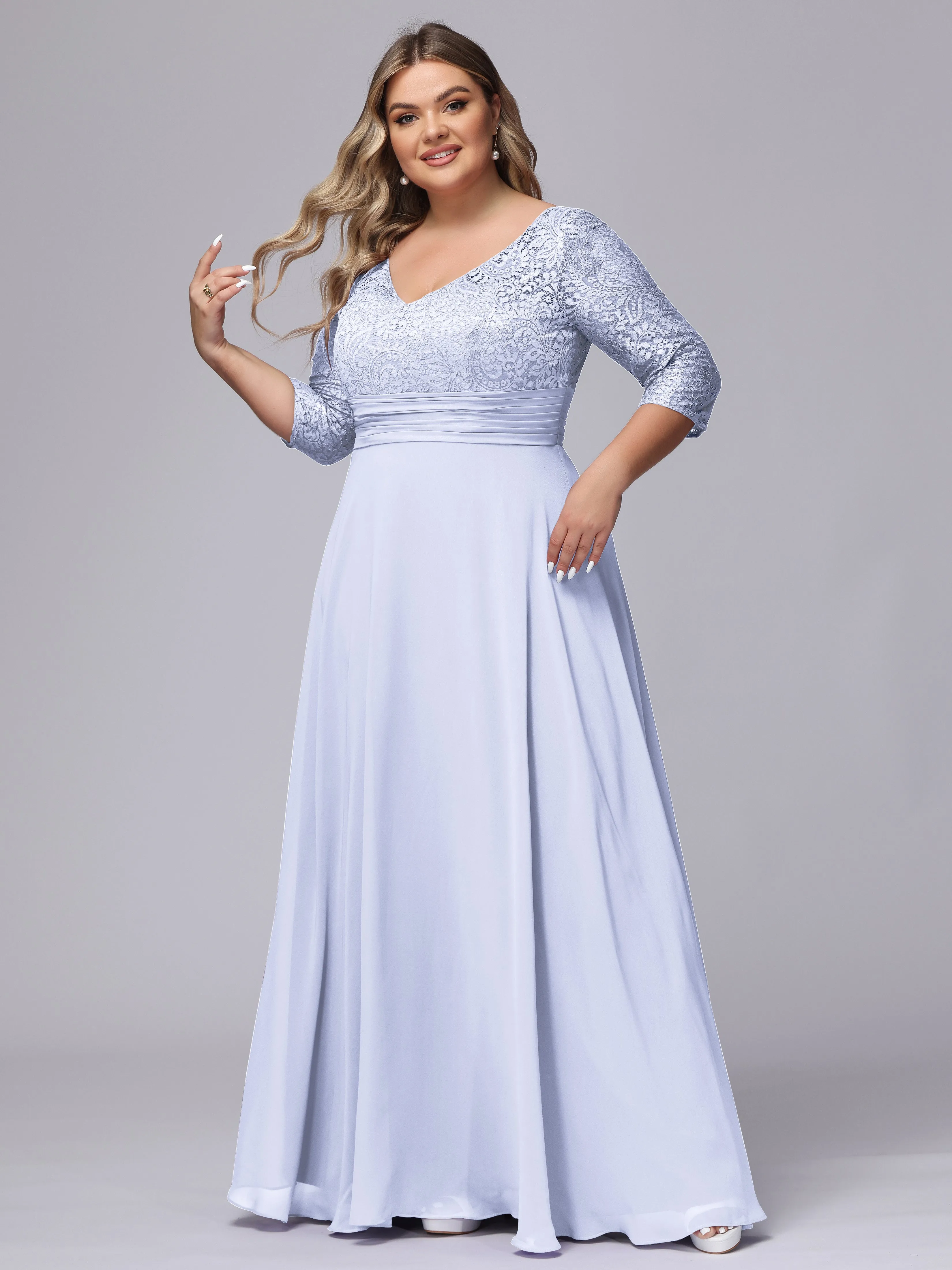 A-line V-Neck 3/4 Sleeves Lace Chiffon Plus Size Bridesmaid Dresses