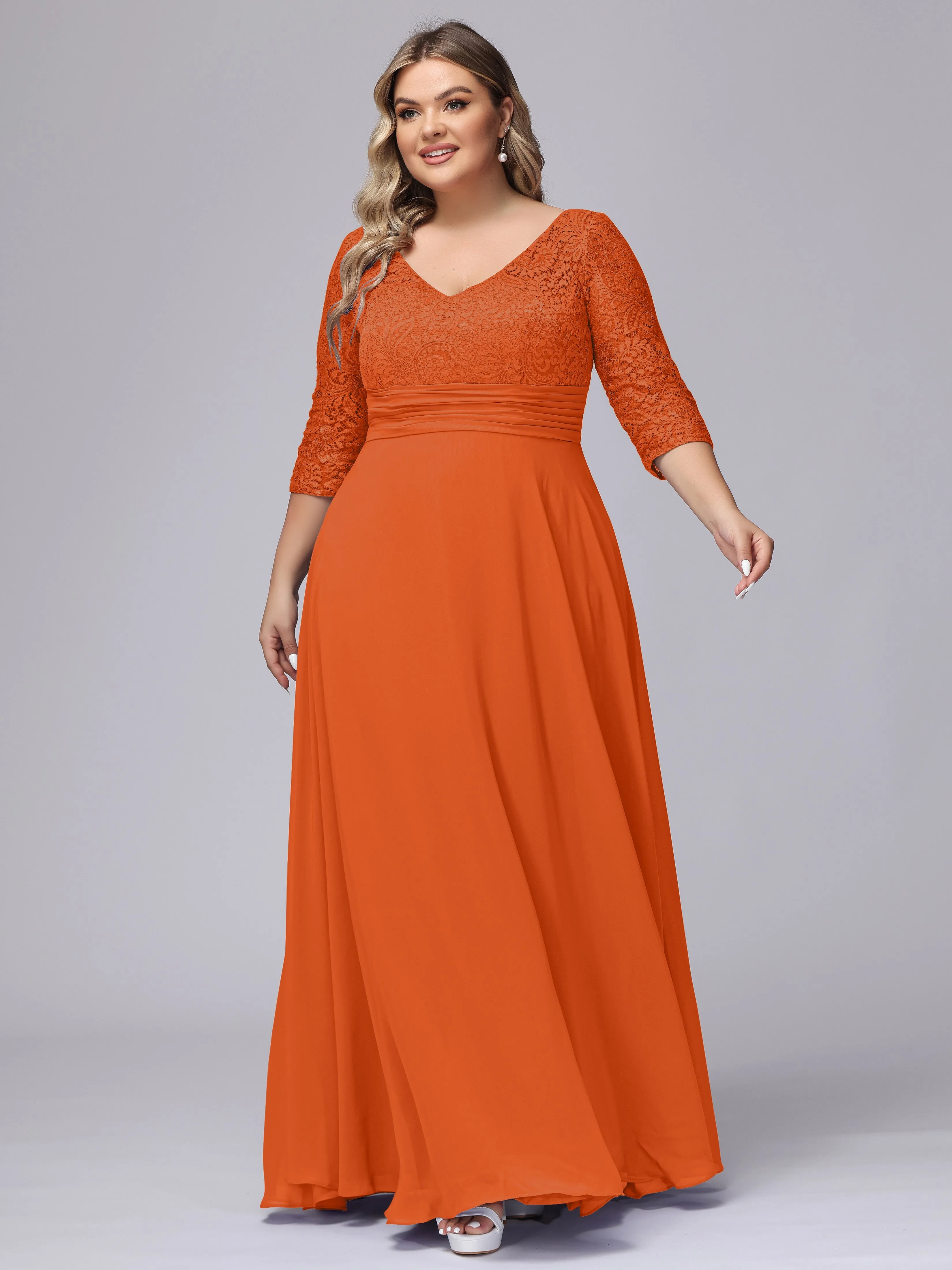 A-line V-Neck 3/4 Sleeves Lace Chiffon Plus Size Bridesmaid Dresses