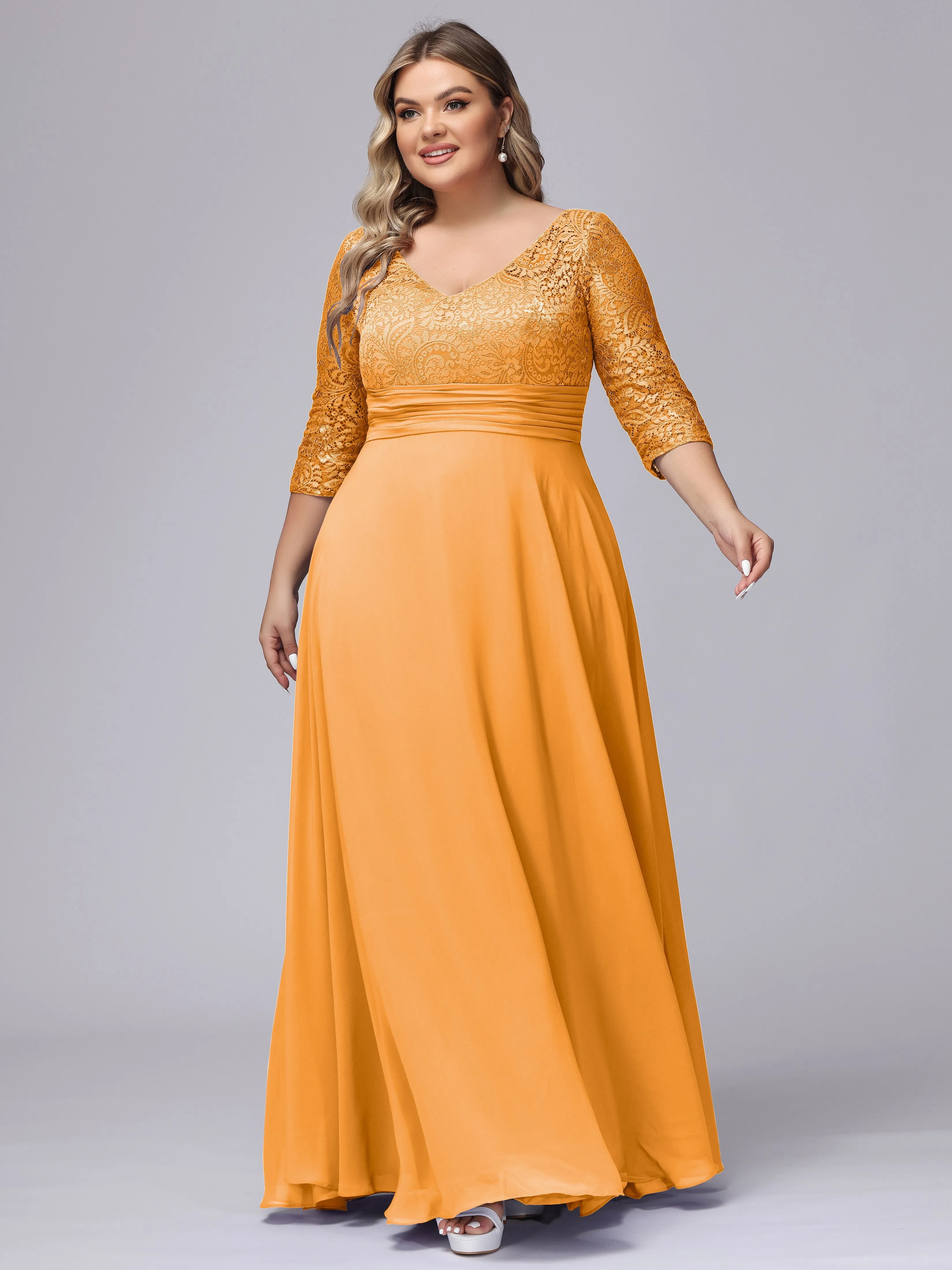 A-line V-Neck 3/4 Sleeves Lace Chiffon Plus Size Bridesmaid Dresses