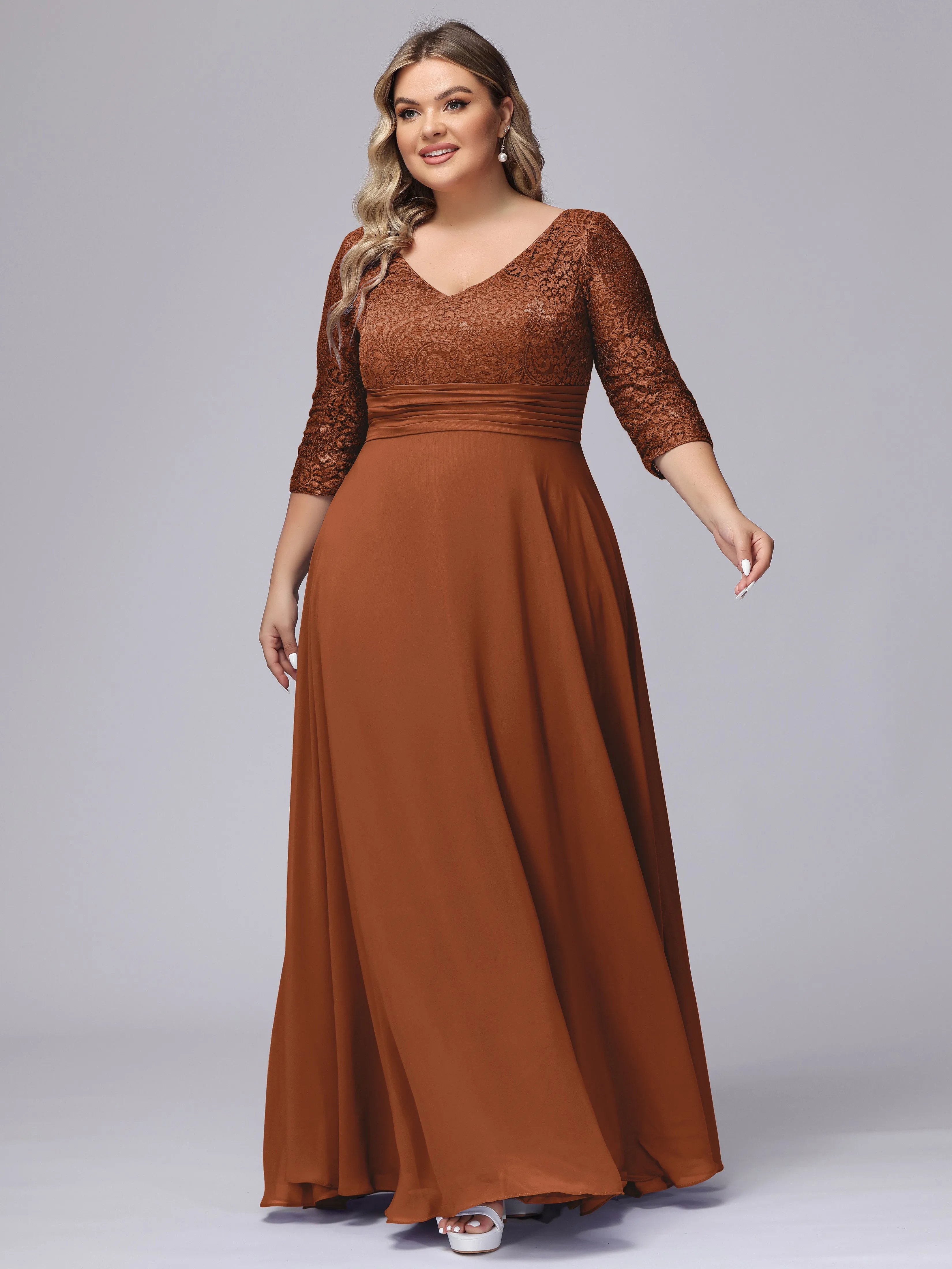 A-line V-Neck 3/4 Sleeves Lace Chiffon Plus Size Bridesmaid Dresses