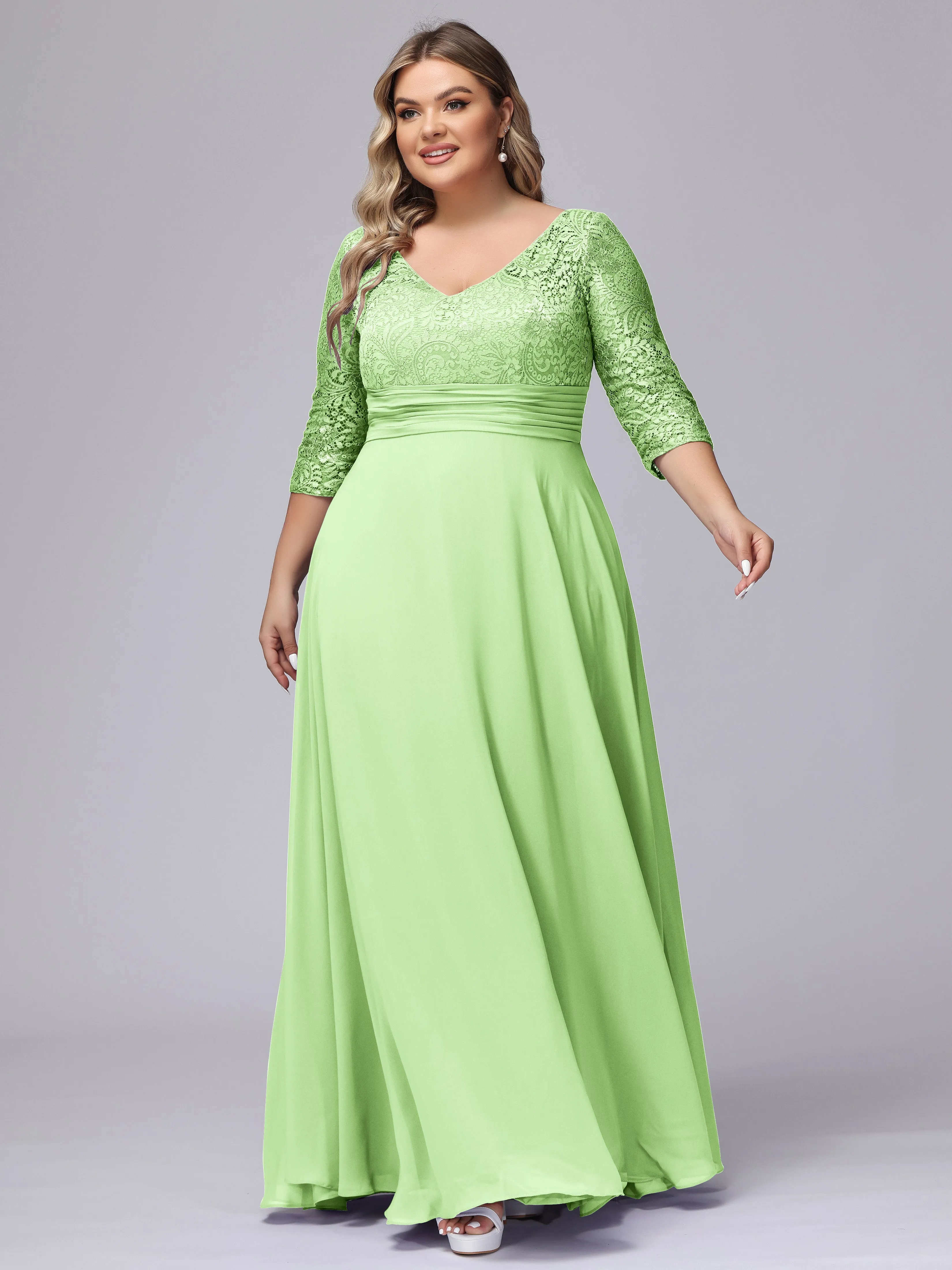 A-line V-Neck 3/4 Sleeves Lace Chiffon Plus Size Bridesmaid Dresses