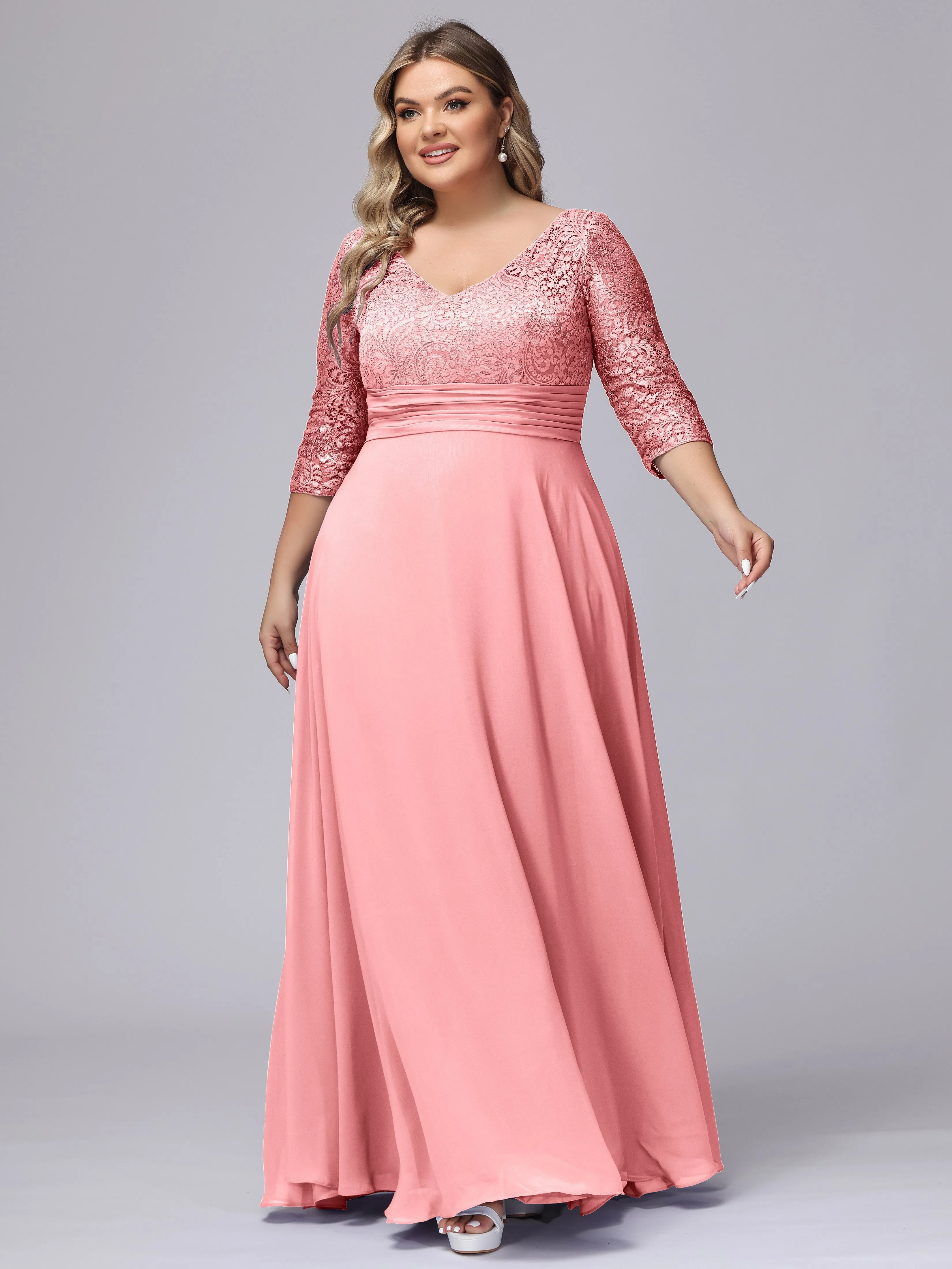 A-line V-Neck 3/4 Sleeves Lace Chiffon Plus Size Bridesmaid Dresses