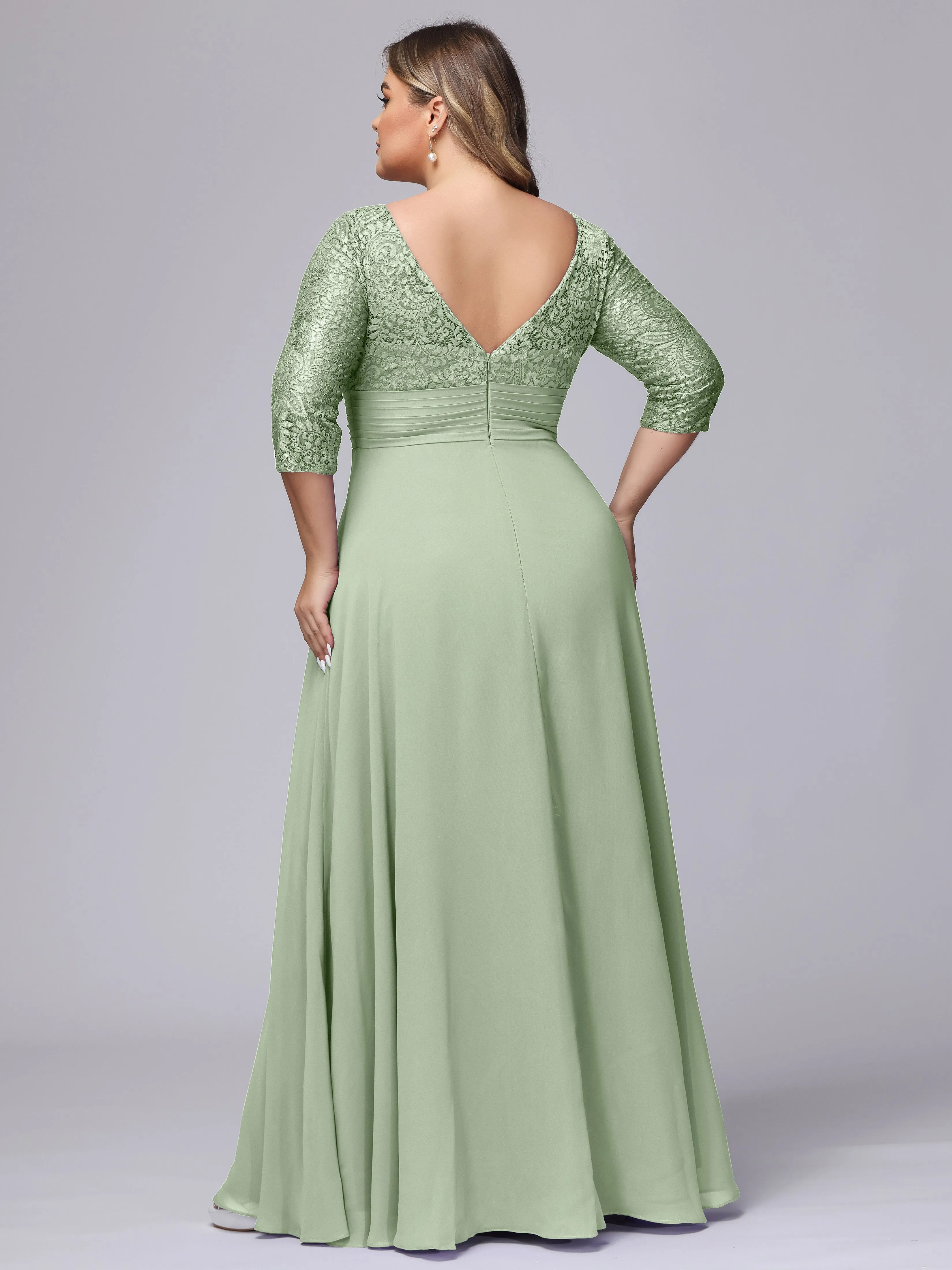 A-line V-Neck 3/4 Sleeves Lace Chiffon Plus Size Bridesmaid Dresses