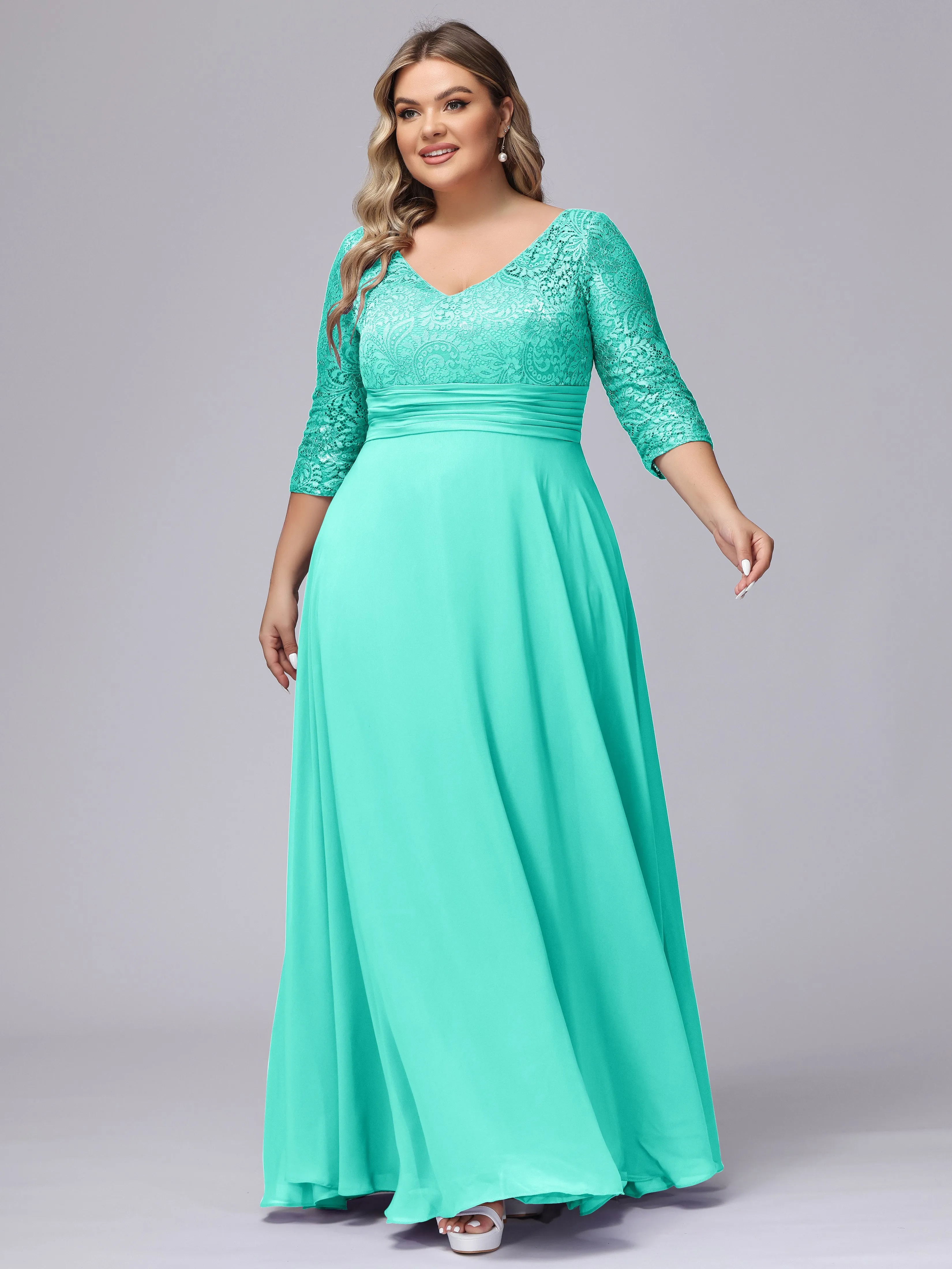 A-line V-Neck 3/4 Sleeves Lace Chiffon Plus Size Bridesmaid Dresses