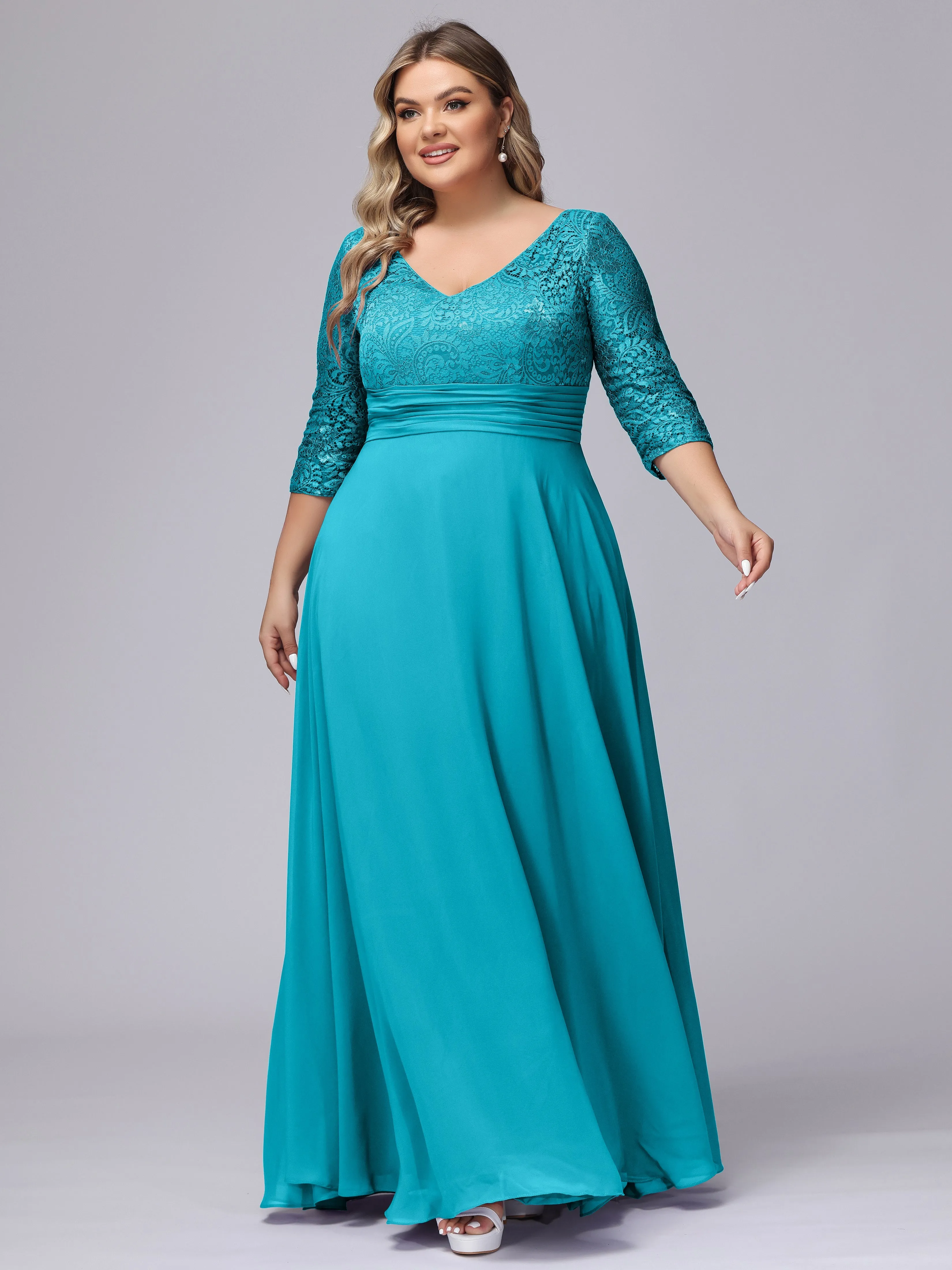 A-line V-Neck 3/4 Sleeves Lace Chiffon Plus Size Bridesmaid Dresses
