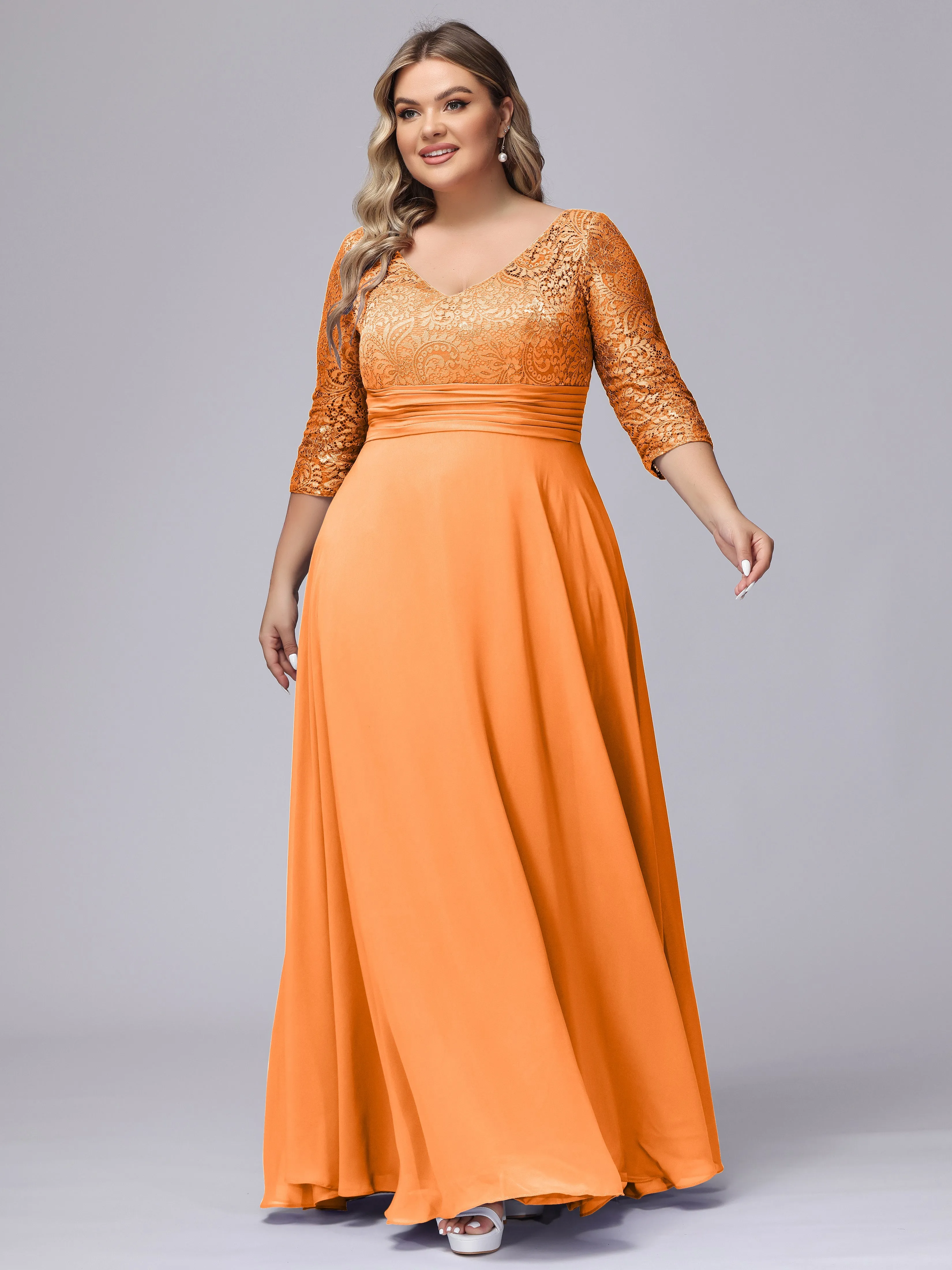 A-line V-Neck 3/4 Sleeves Lace Chiffon Plus Size Bridesmaid Dresses