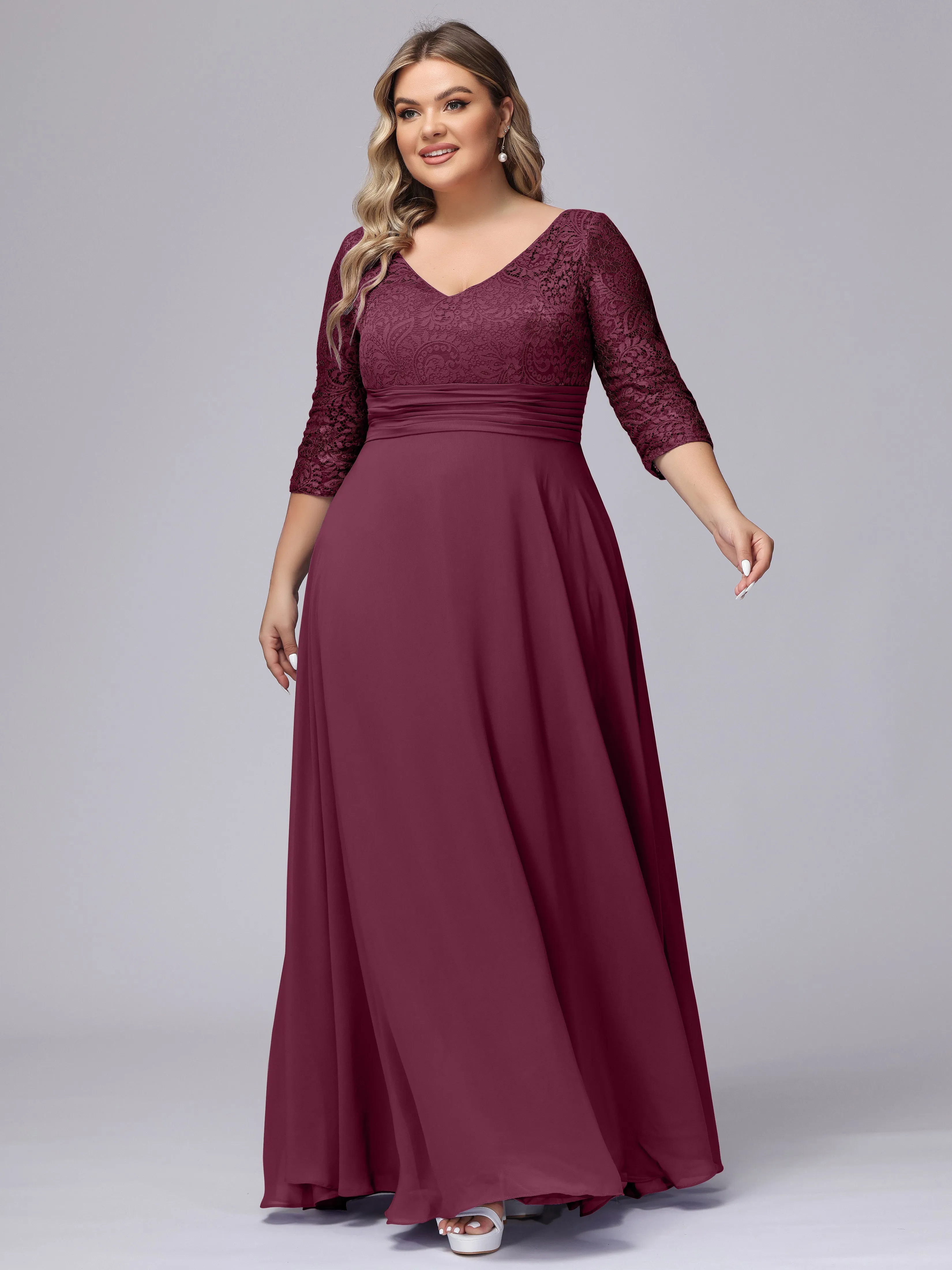 A-line V-Neck 3/4 Sleeves Lace Chiffon Plus Size Bridesmaid Dresses