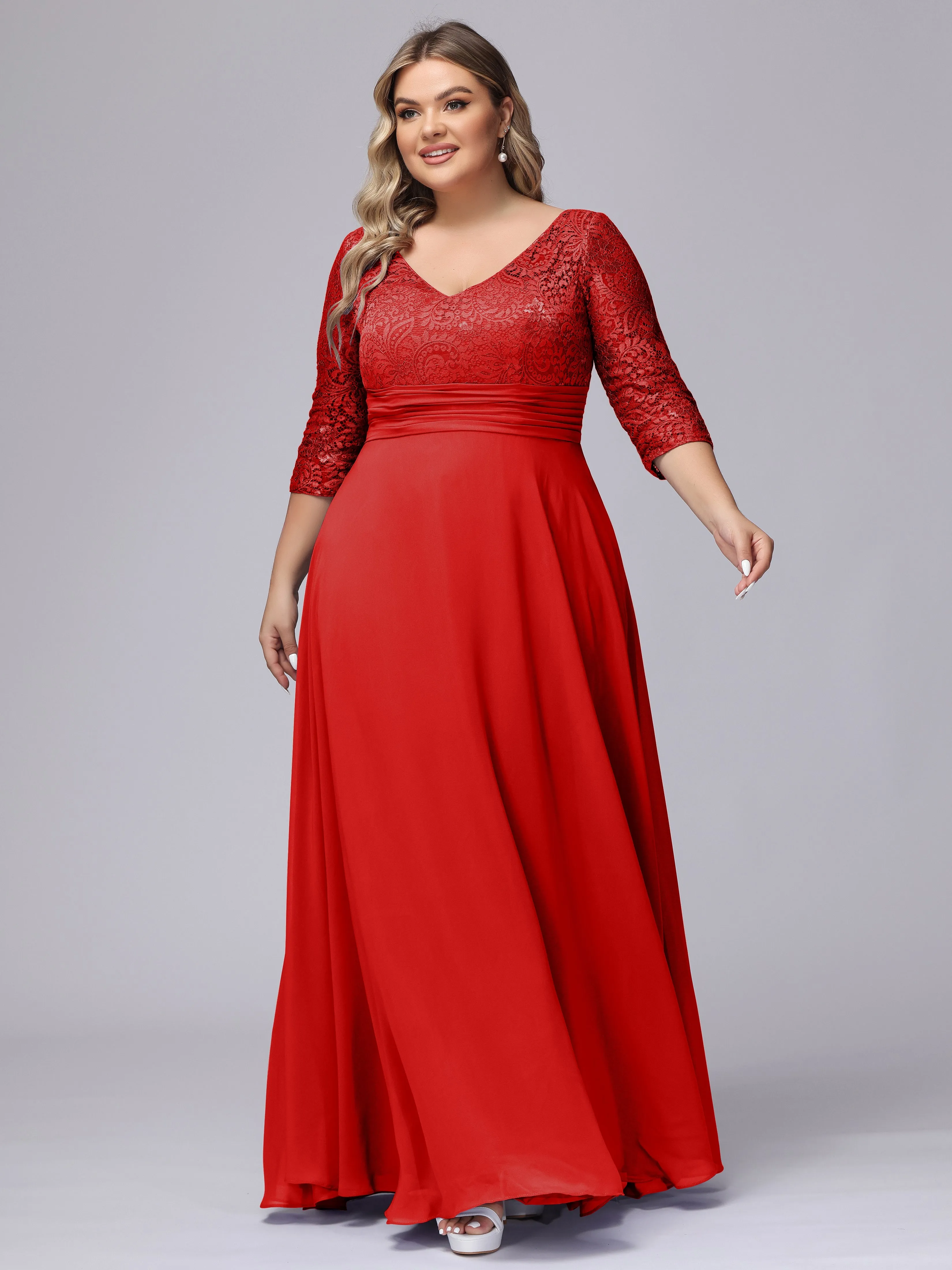 A-line V-Neck 3/4 Sleeves Lace Chiffon Plus Size Bridesmaid Dresses