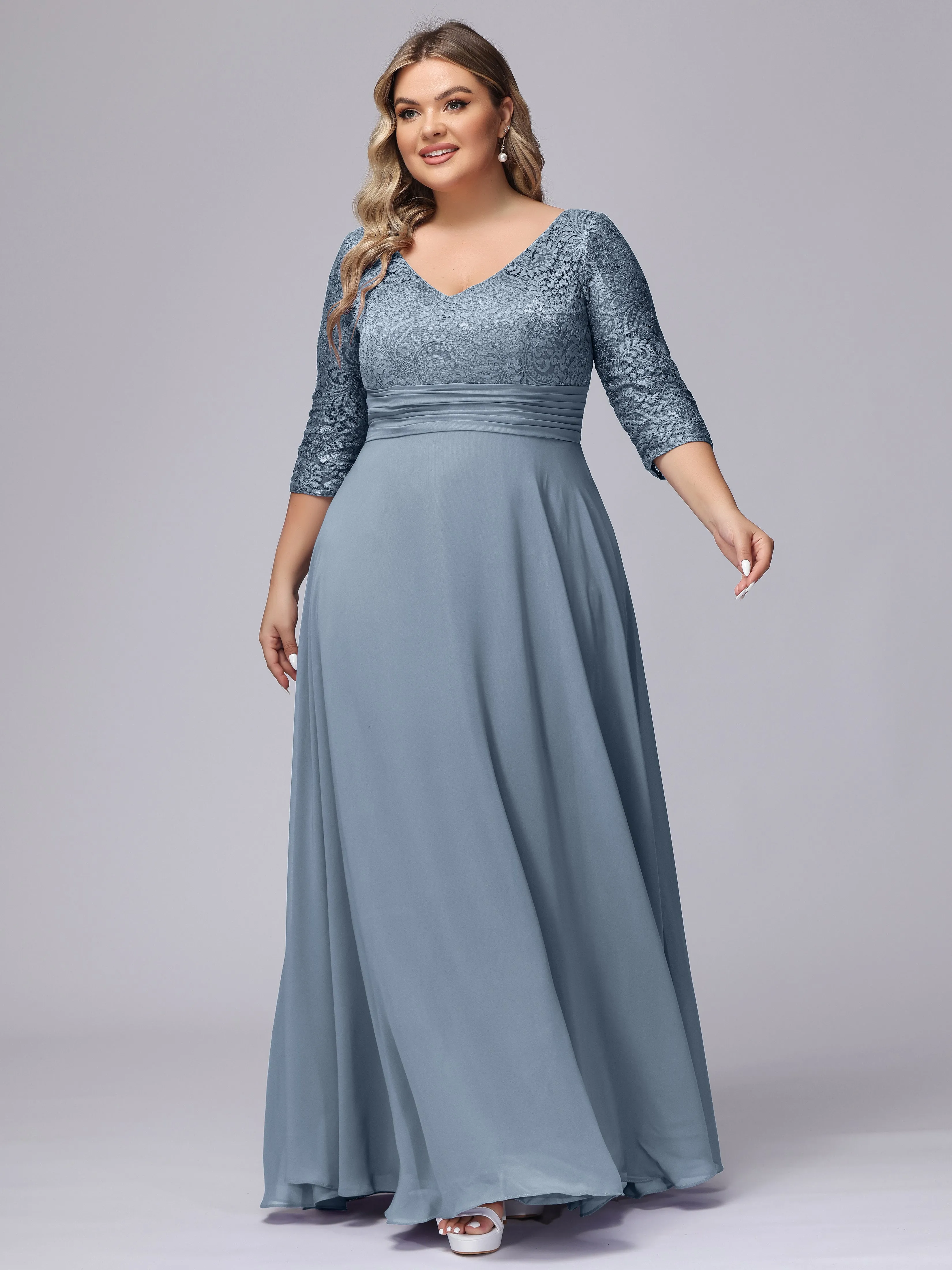 A-line V-Neck 3/4 Sleeves Lace Chiffon Plus Size Bridesmaid Dresses