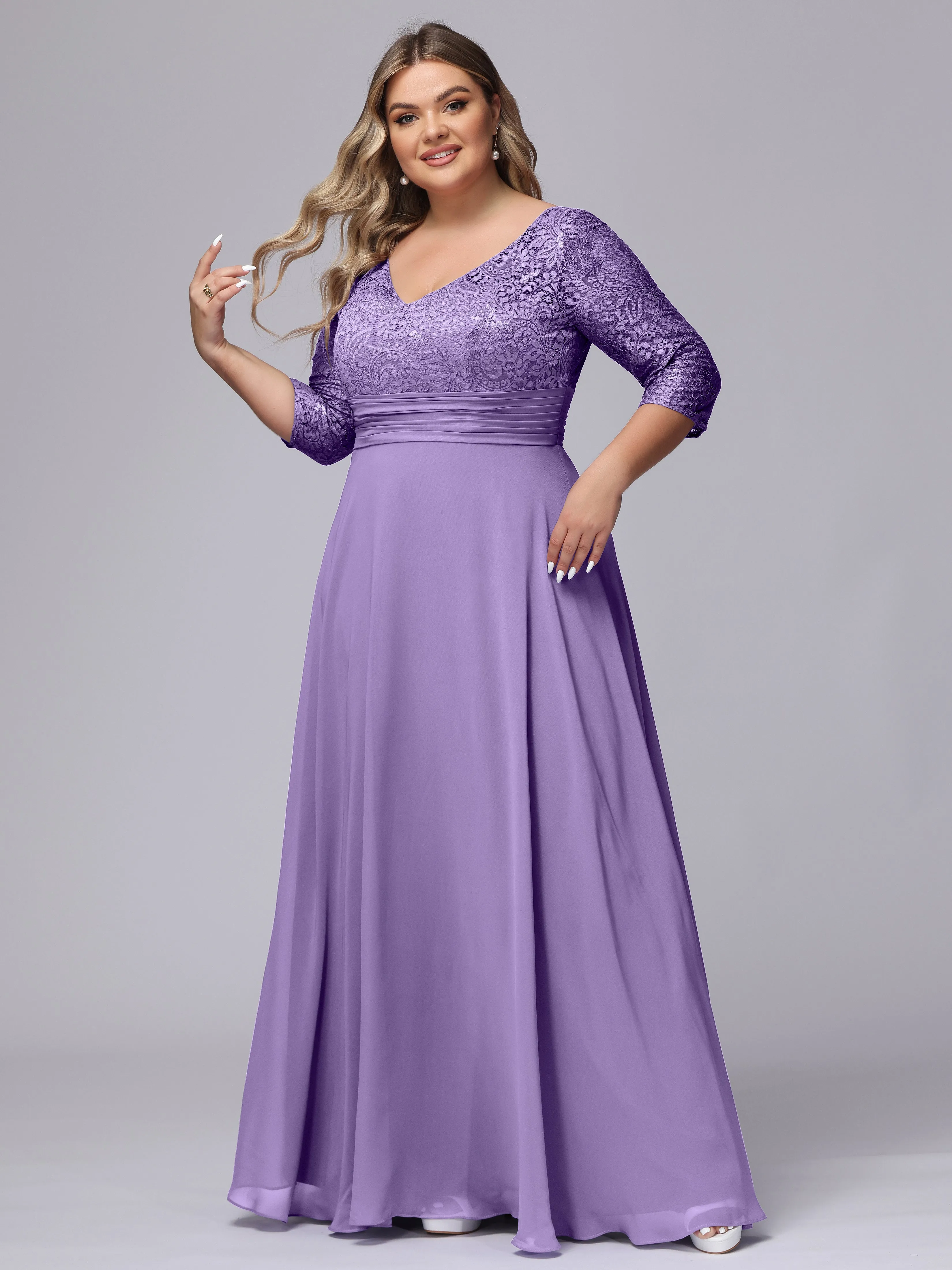 A-line V-Neck 3/4 Sleeves Lace Chiffon Plus Size Bridesmaid Dresses
