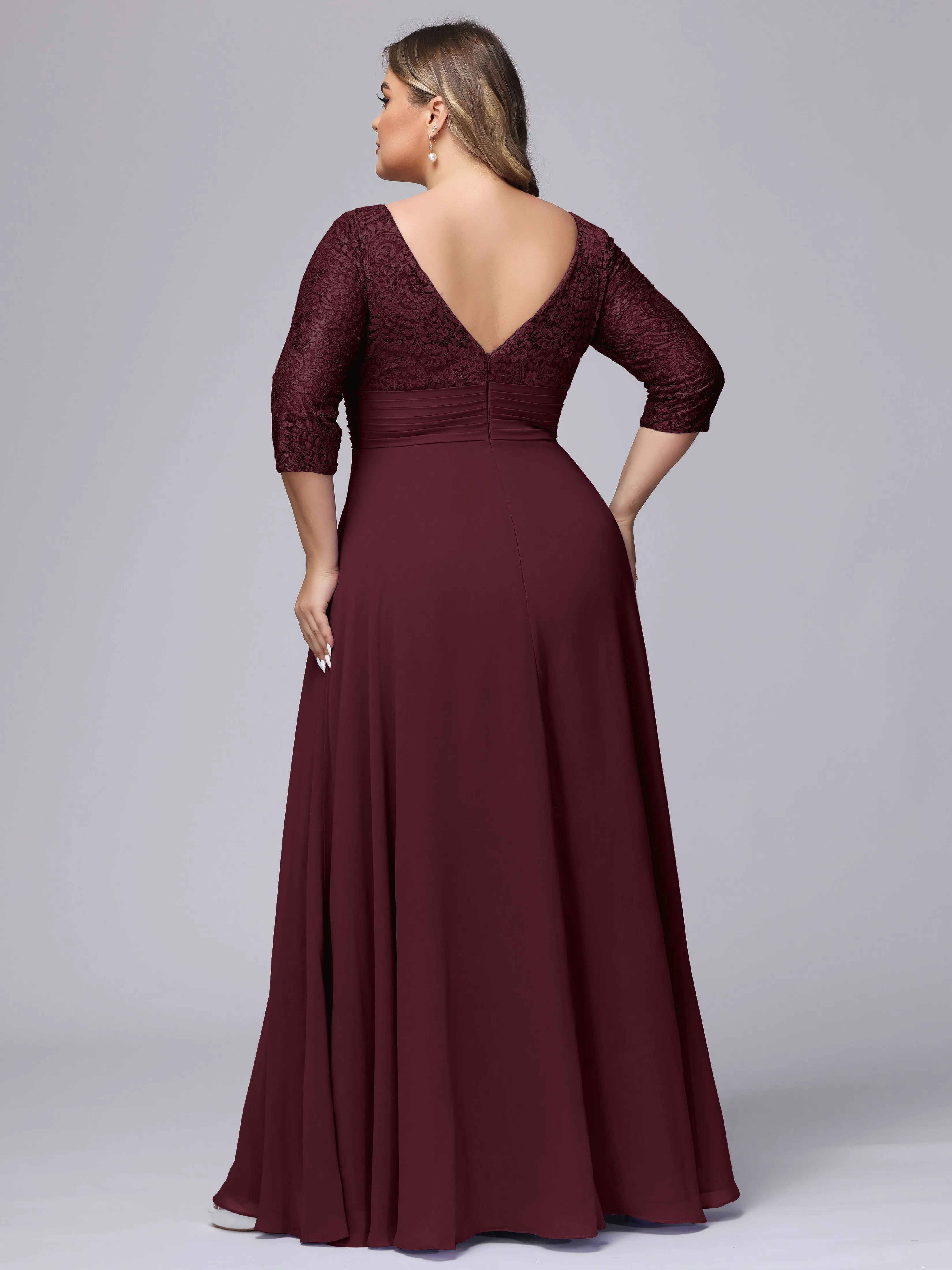 A-line V-Neck 3/4 Sleeves Lace Chiffon Plus Size Bridesmaid Dresses