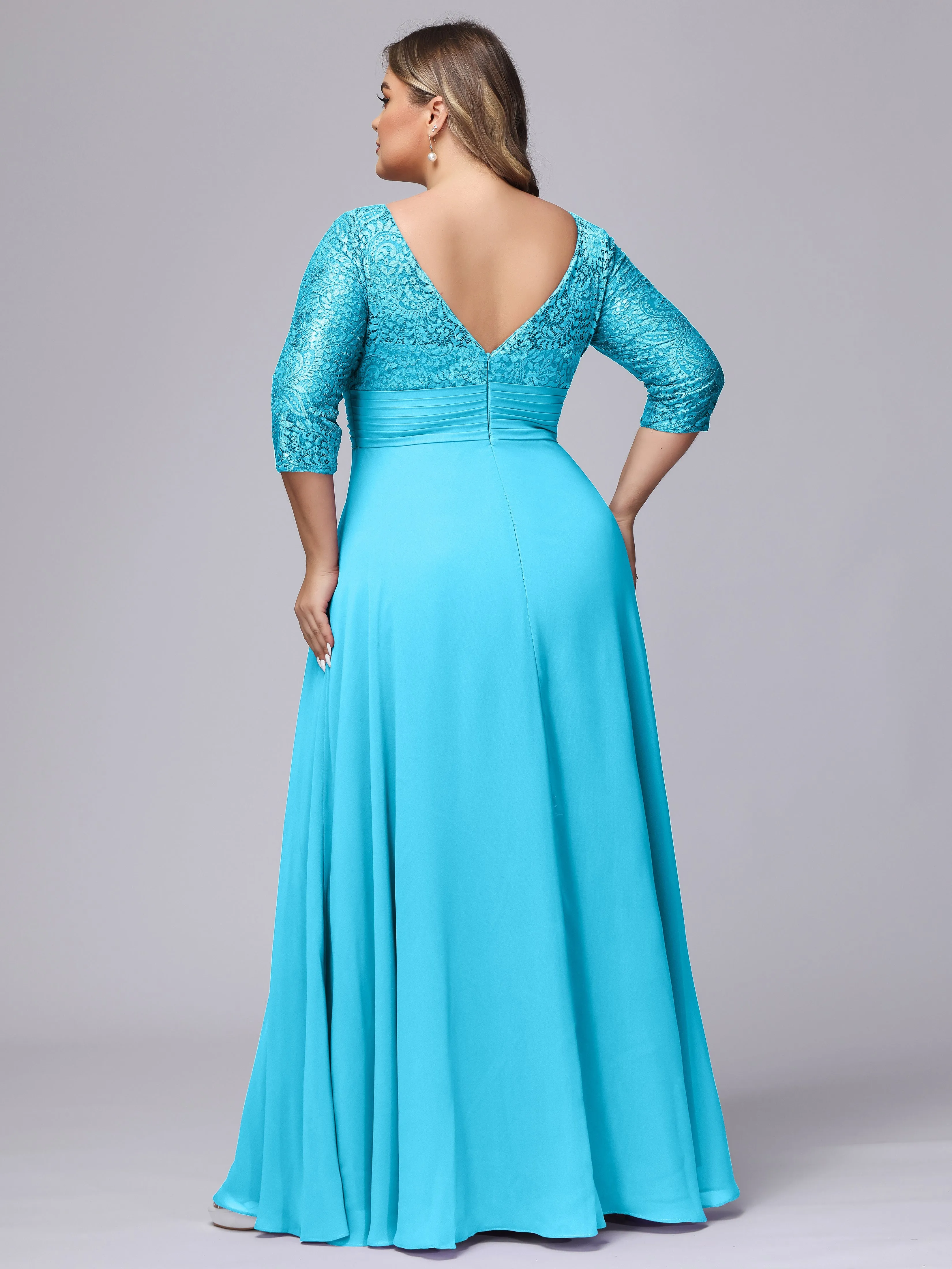 A-line V-Neck 3/4 Sleeves Lace Chiffon Plus Size Bridesmaid Dresses