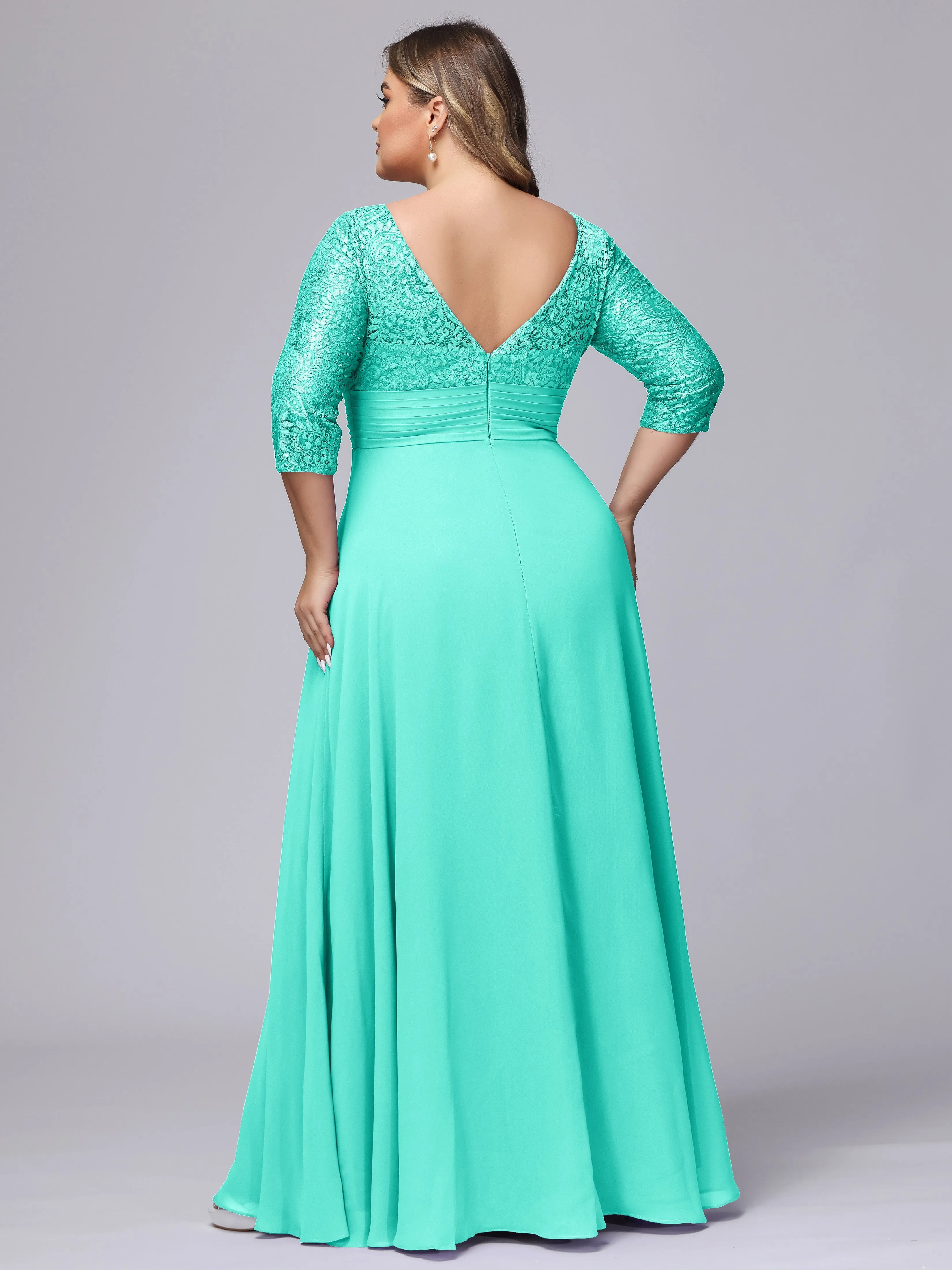 A-line V-Neck 3/4 Sleeves Lace Chiffon Plus Size Bridesmaid Dresses