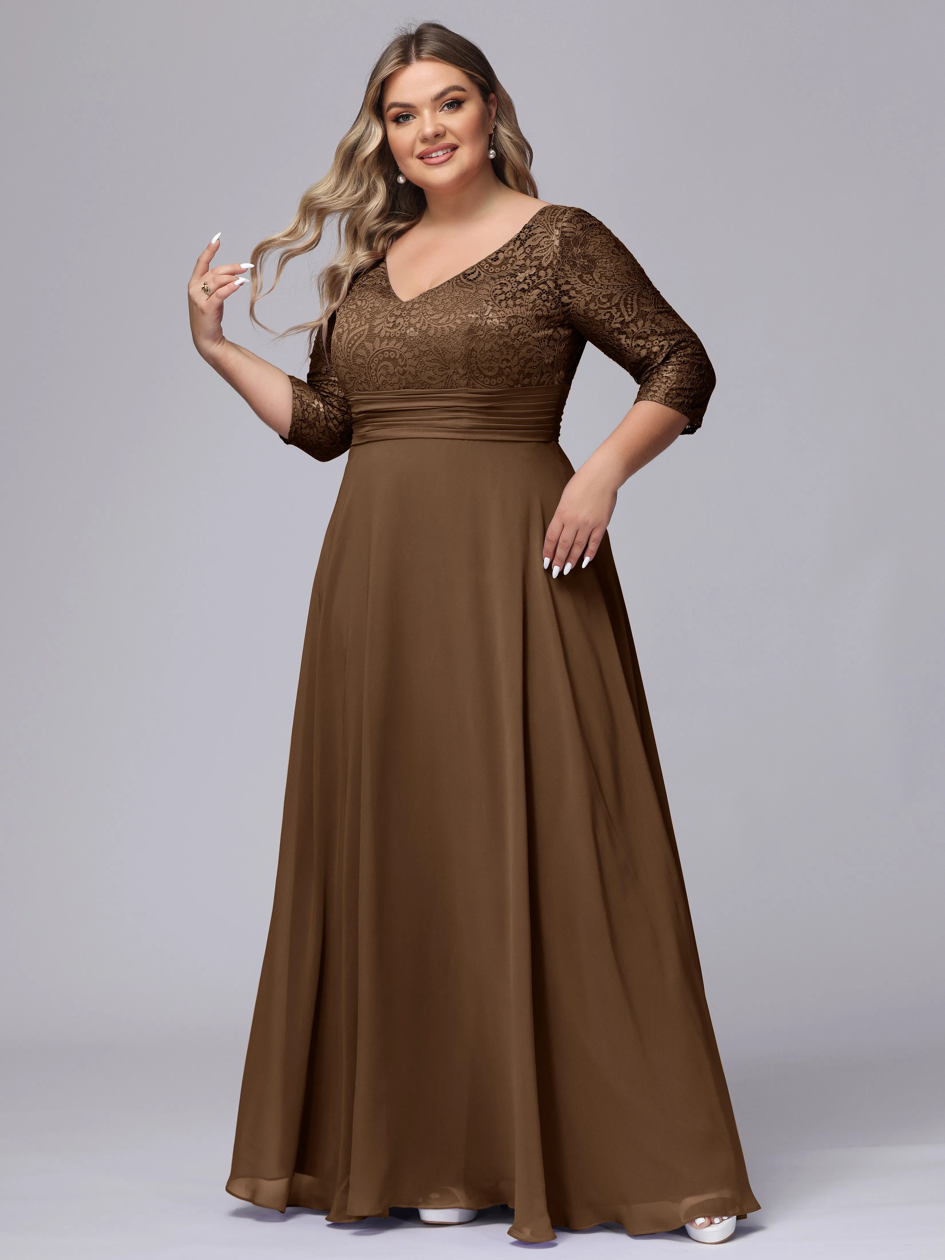 A-line V-Neck 3/4 Sleeves Lace Chiffon Plus Size Bridesmaid Dresses