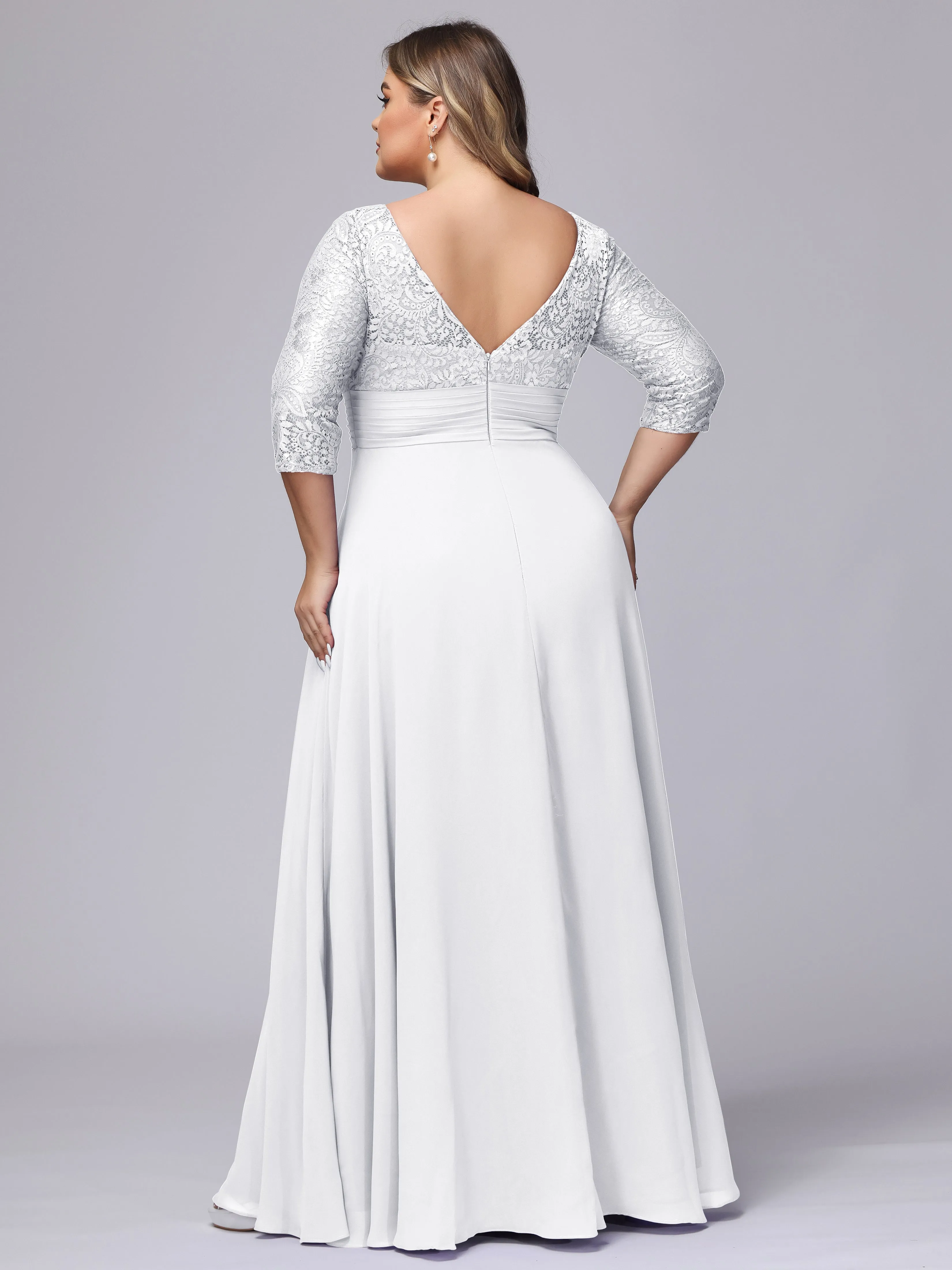 A-line V-Neck 3/4 Sleeves Lace Chiffon Plus Size Bridesmaid Dresses
