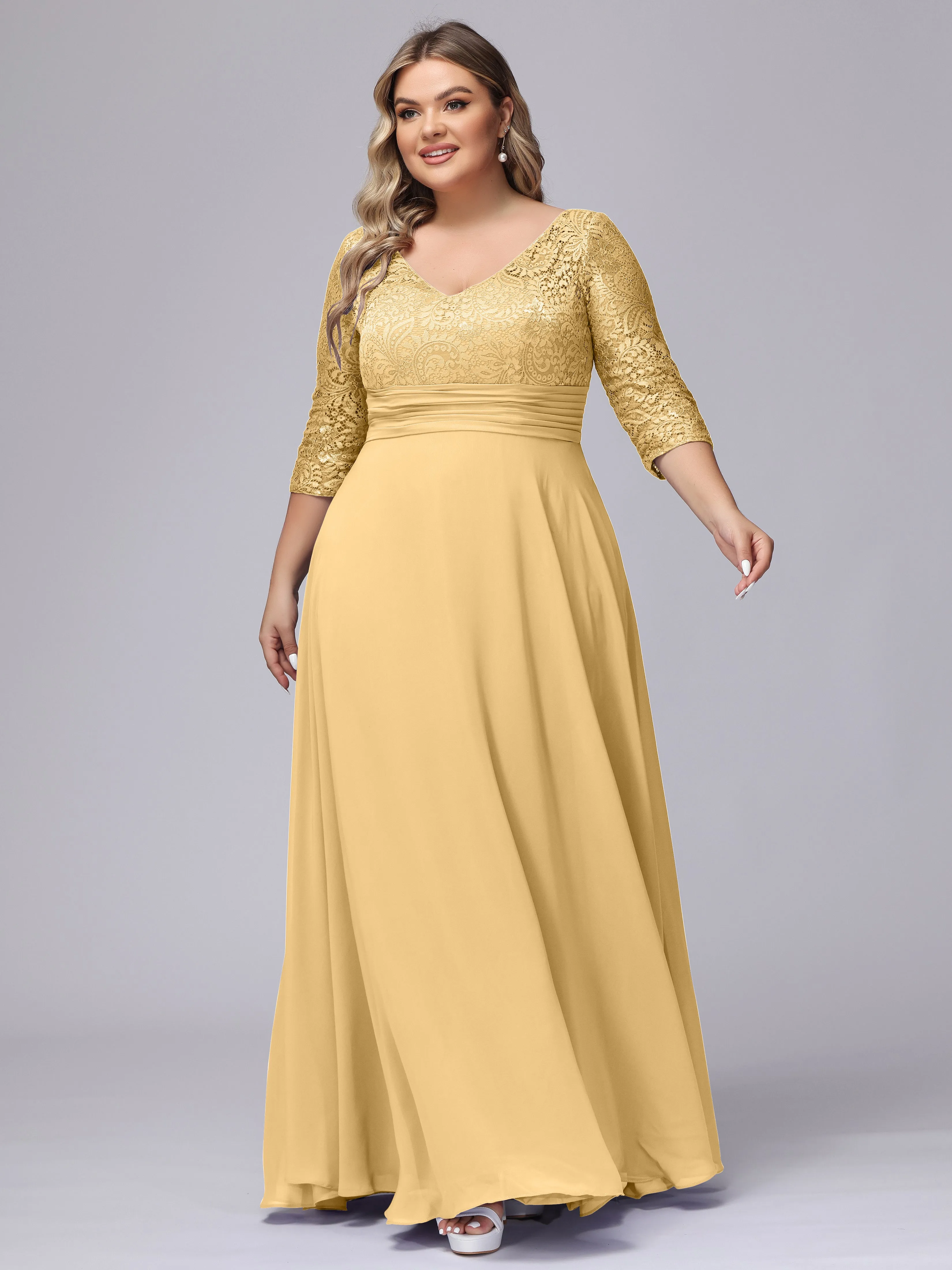 A-line V-Neck 3/4 Sleeves Lace Chiffon Plus Size Bridesmaid Dresses