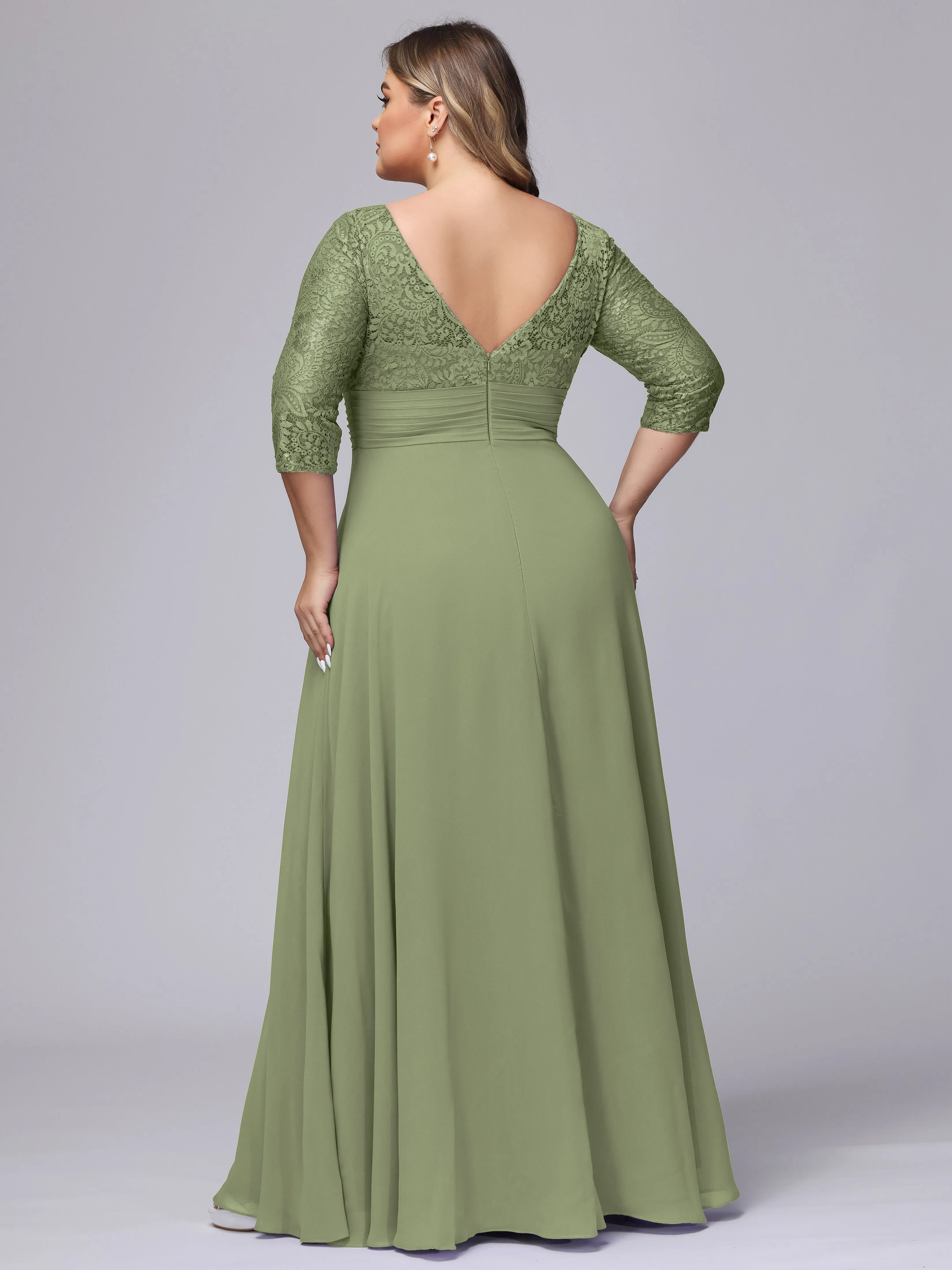 A-line V-Neck 3/4 Sleeves Lace Chiffon Plus Size Bridesmaid Dresses