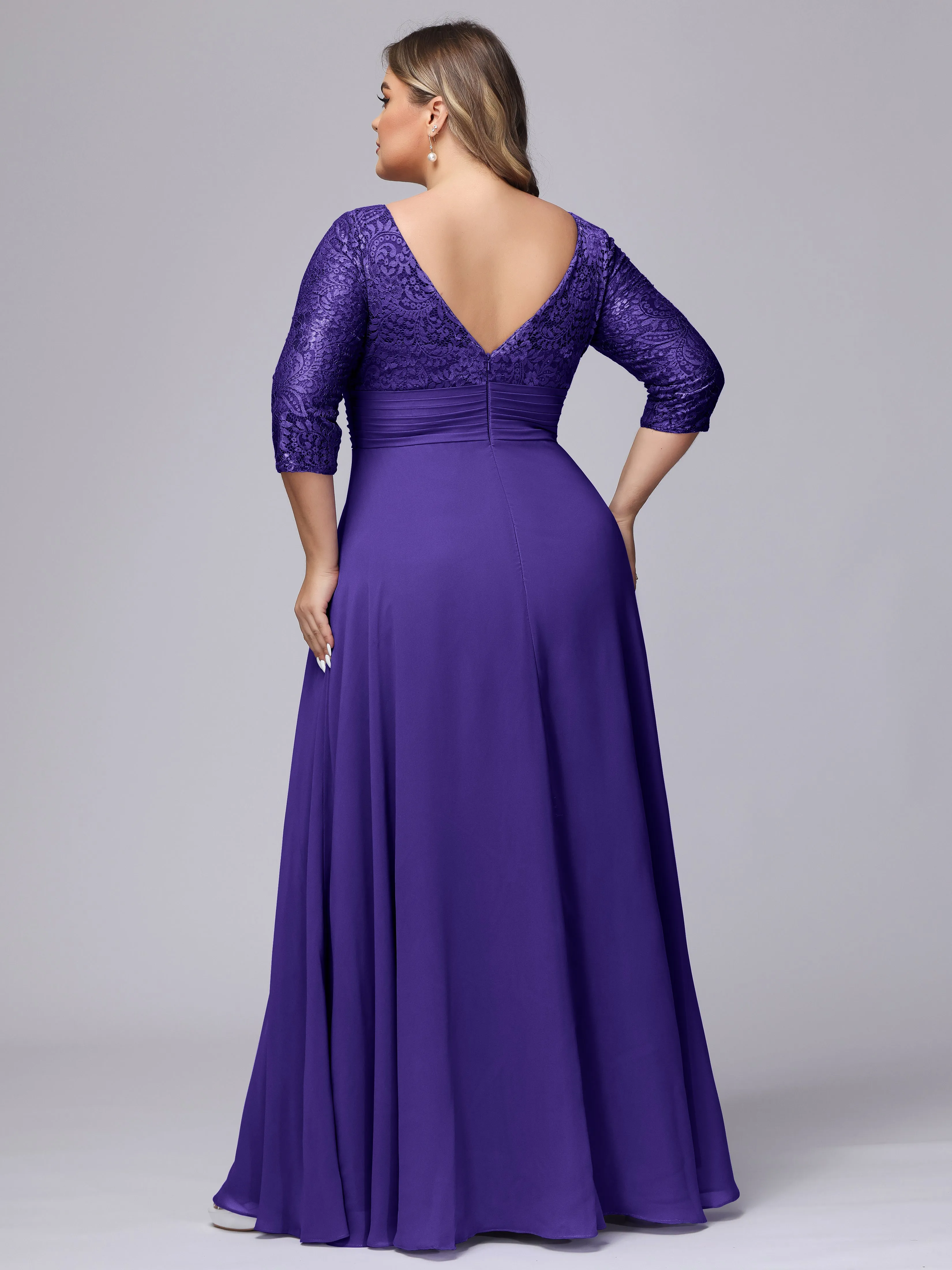 A-line V-Neck 3/4 Sleeves Lace Chiffon Plus Size Bridesmaid Dresses