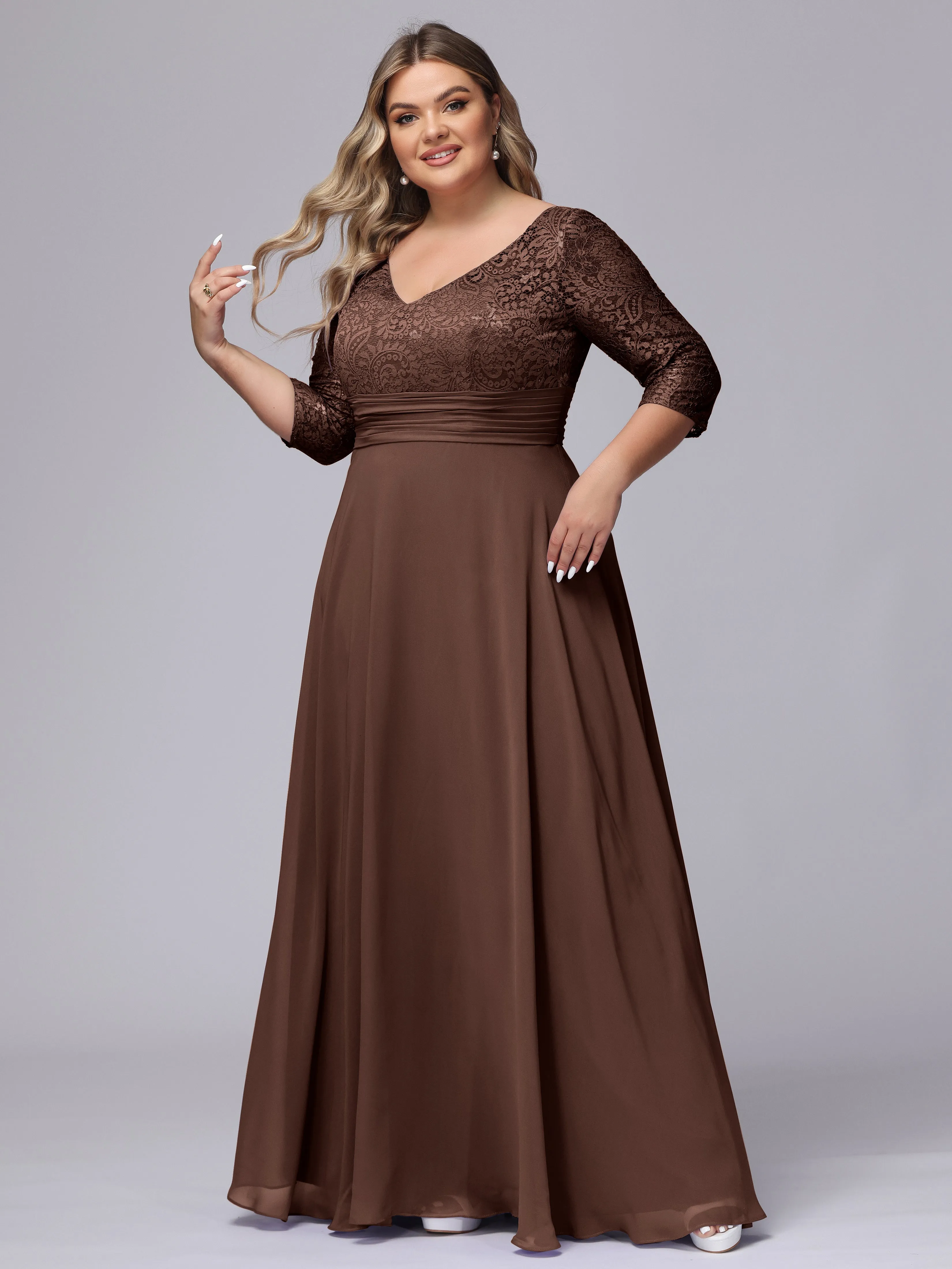 A-line V-Neck 3/4 Sleeves Lace Chiffon Plus Size Bridesmaid Dresses