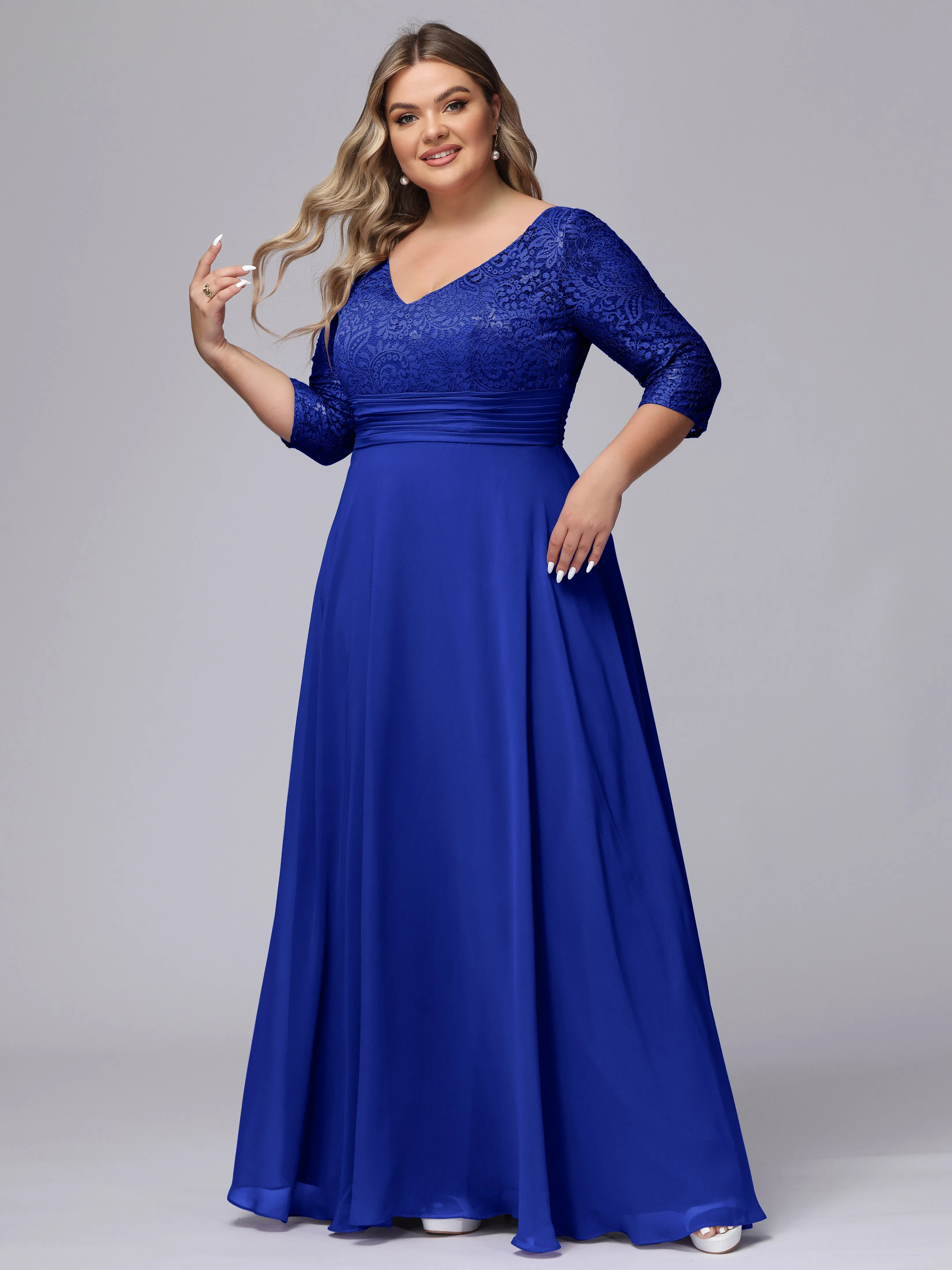 A-line V-Neck 3/4 Sleeves Lace Chiffon Plus Size Bridesmaid Dresses