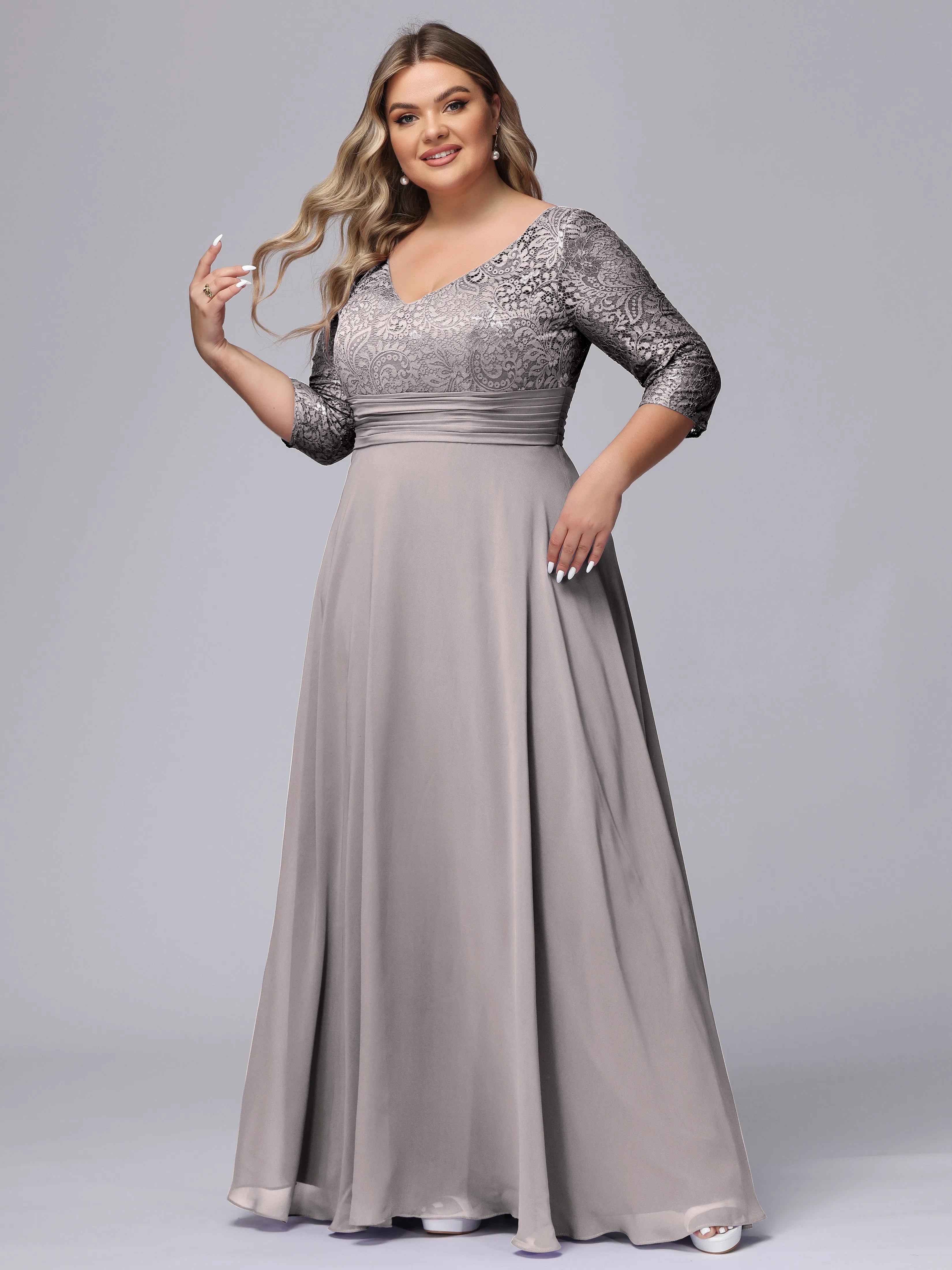 A-line V-Neck 3/4 Sleeves Lace Chiffon Plus Size Bridesmaid Dresses