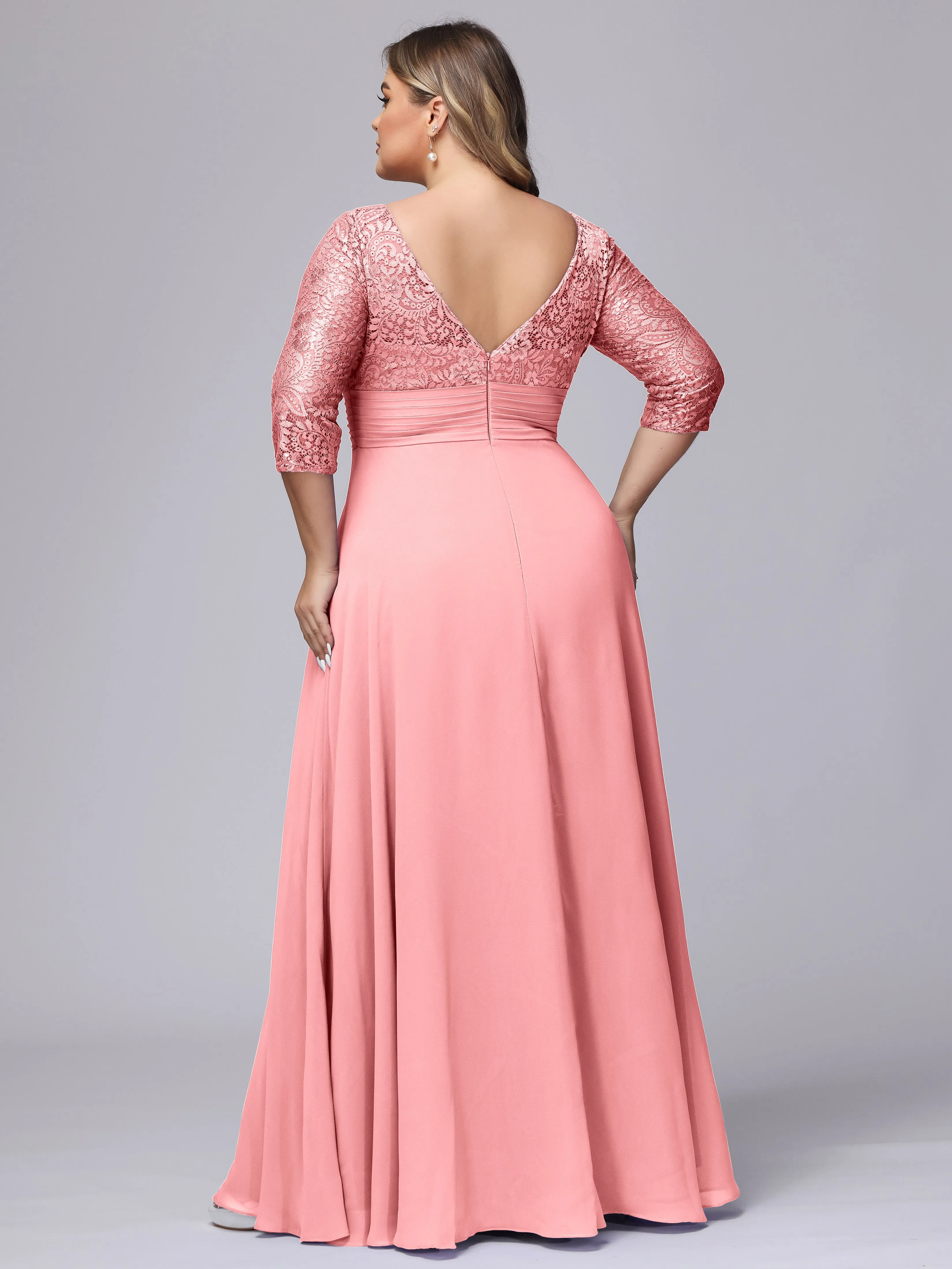 A-line V-Neck 3/4 Sleeves Lace Chiffon Plus Size Bridesmaid Dresses
