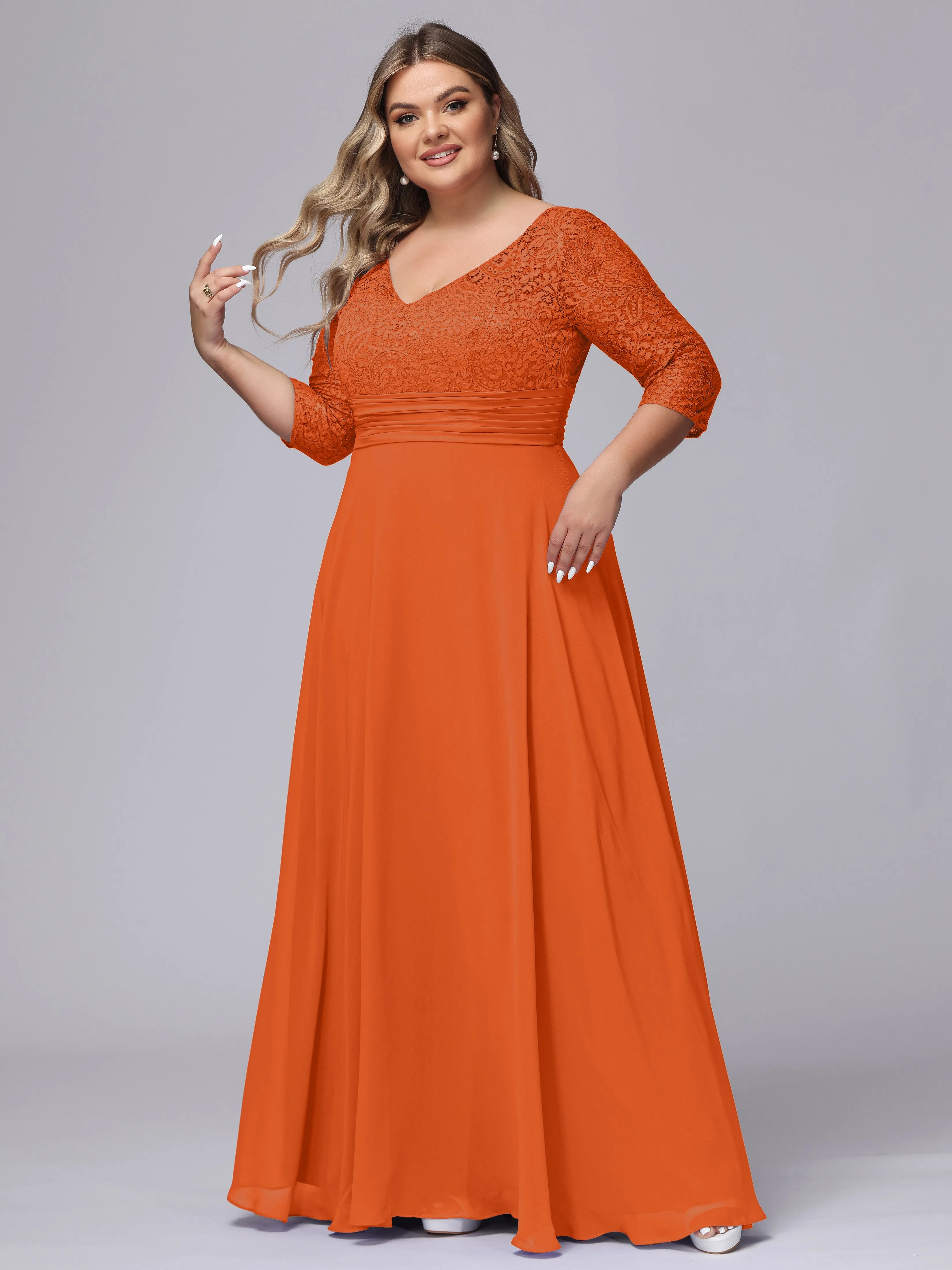 A-line V-Neck 3/4 Sleeves Lace Chiffon Plus Size Bridesmaid Dresses
