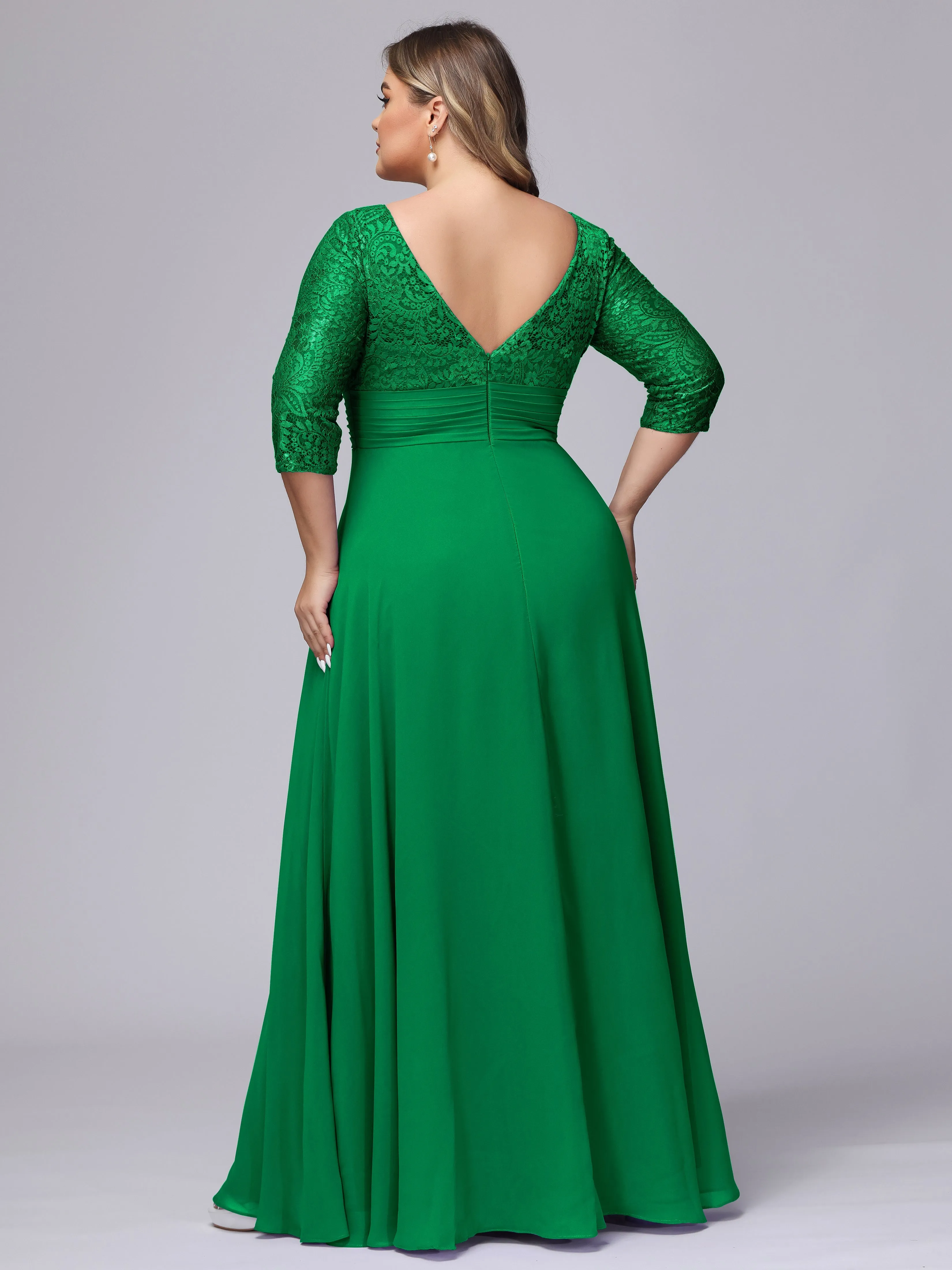 A-line V-Neck 3/4 Sleeves Lace Chiffon Plus Size Bridesmaid Dresses