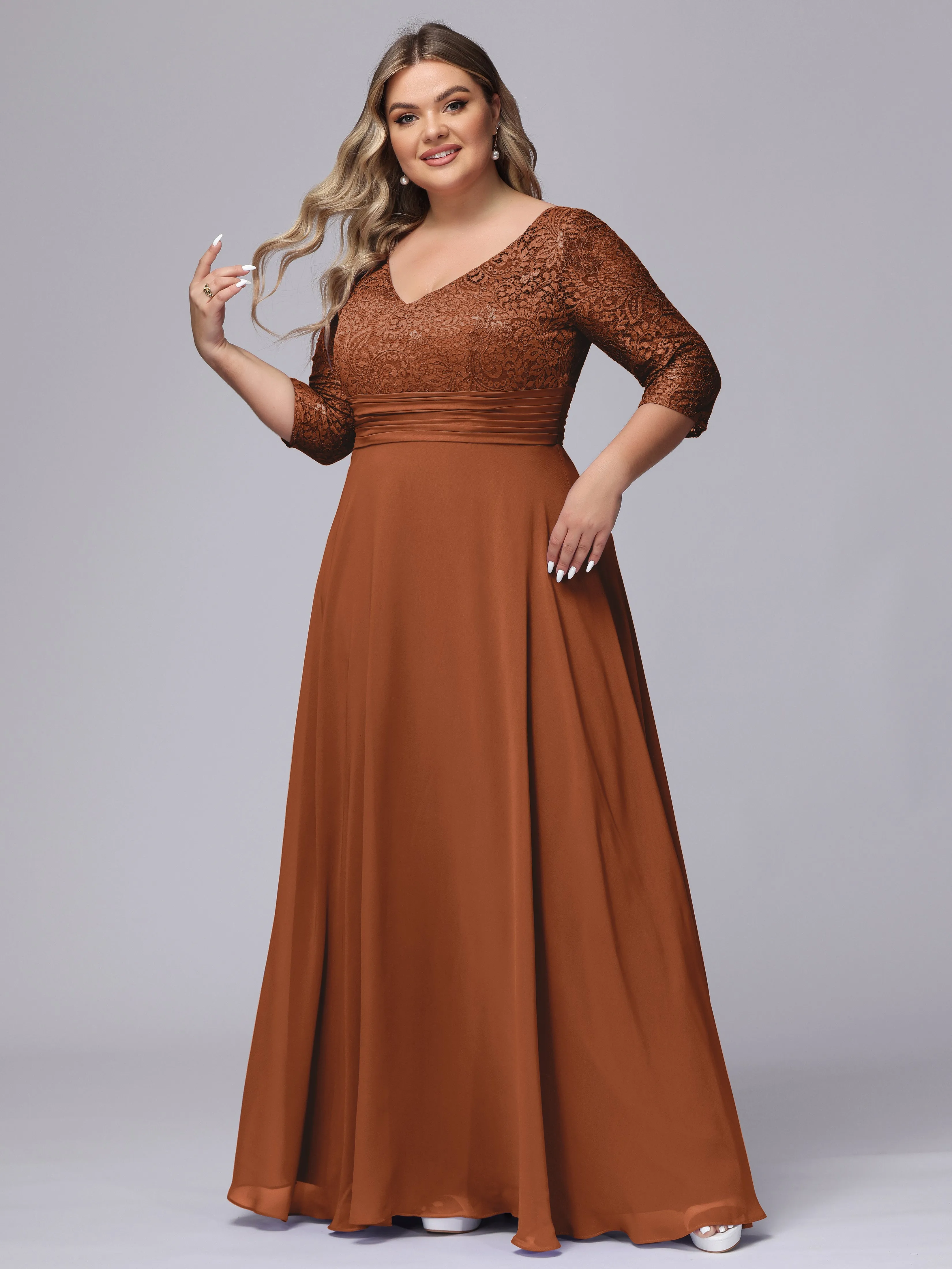 A-line V-Neck 3/4 Sleeves Lace Chiffon Plus Size Bridesmaid Dresses