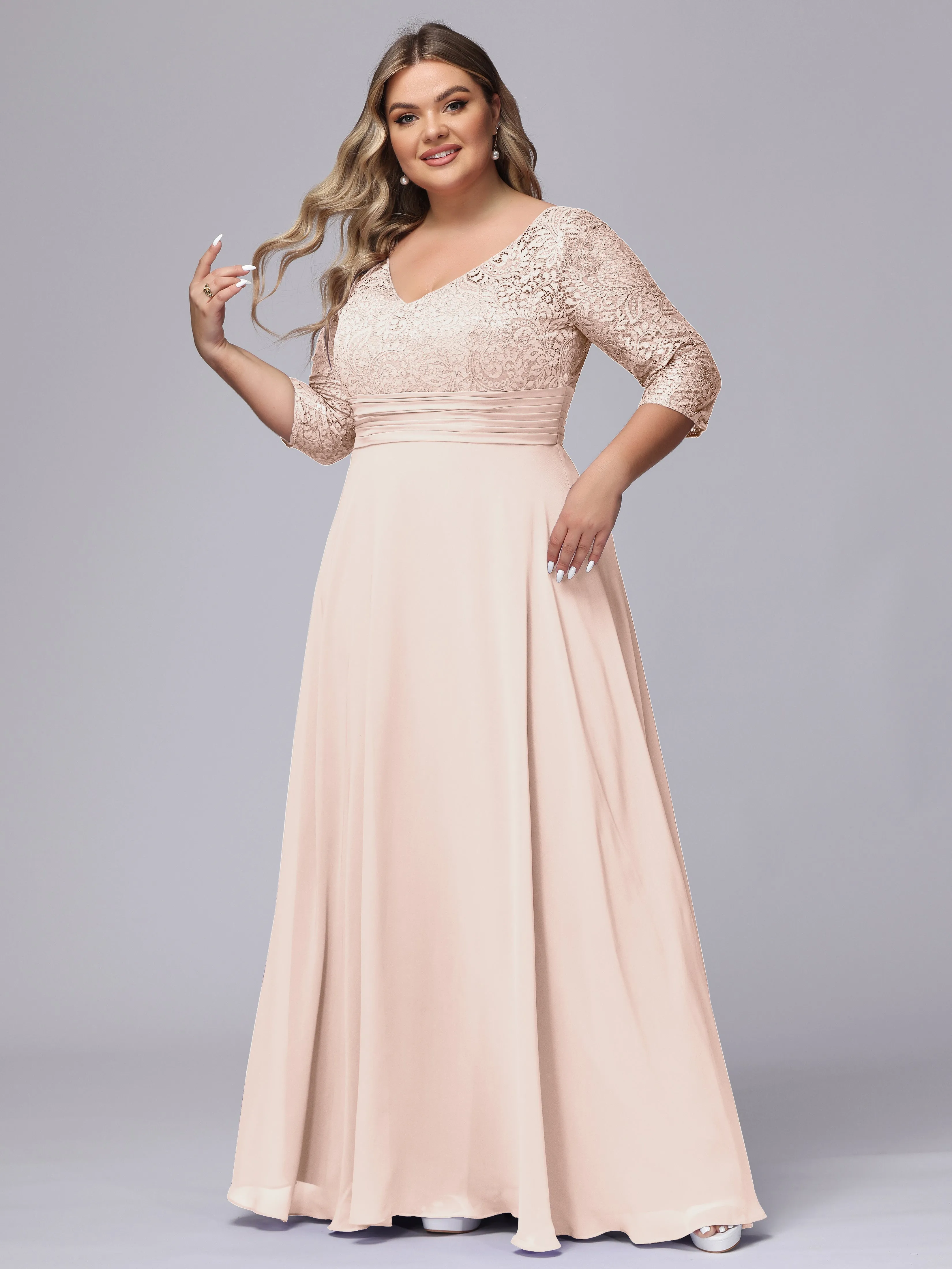 A-line V-Neck 3/4 Sleeves Lace Chiffon Plus Size Bridesmaid Dresses
