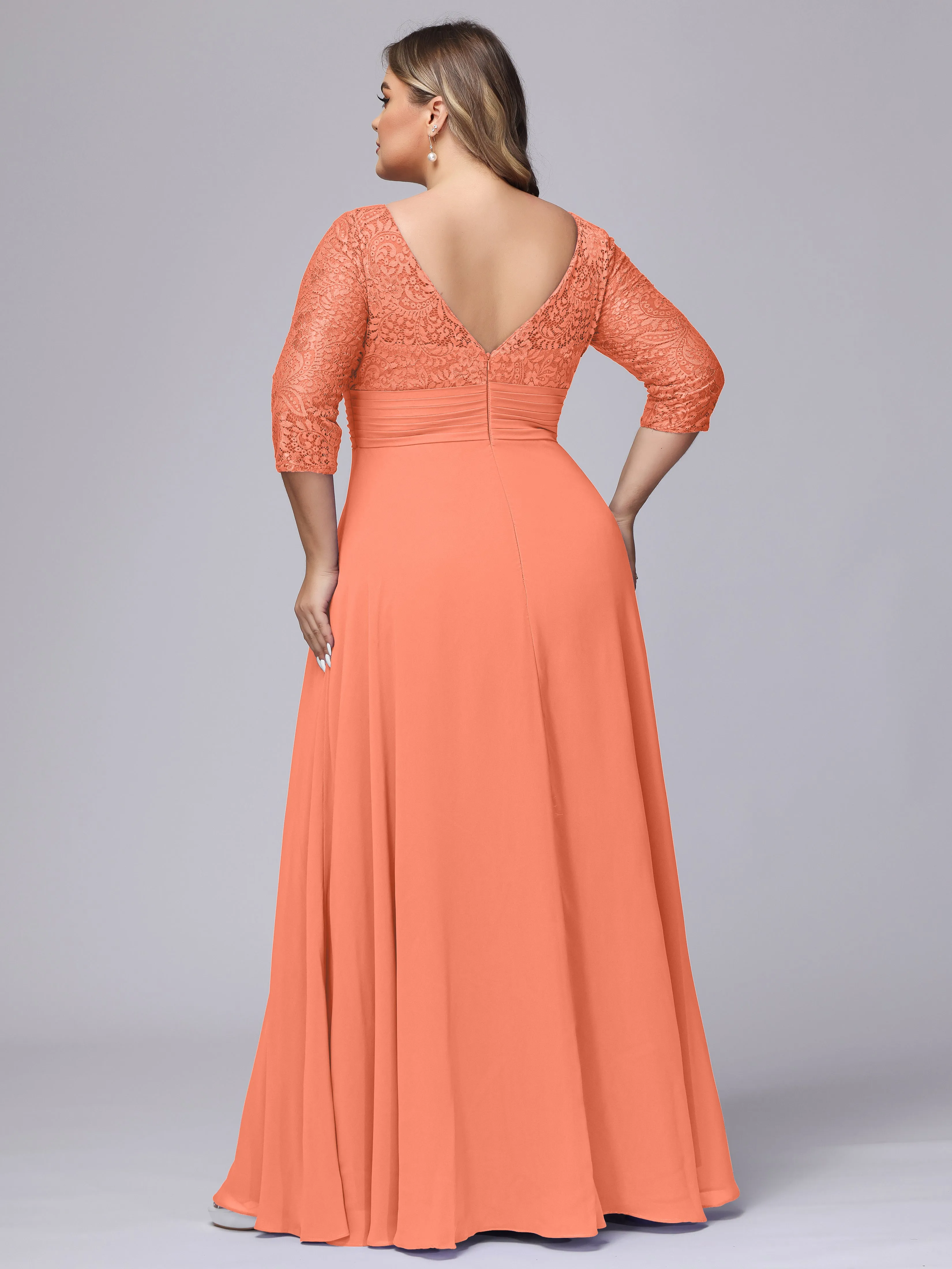 A-line V-Neck 3/4 Sleeves Lace Chiffon Plus Size Bridesmaid Dresses