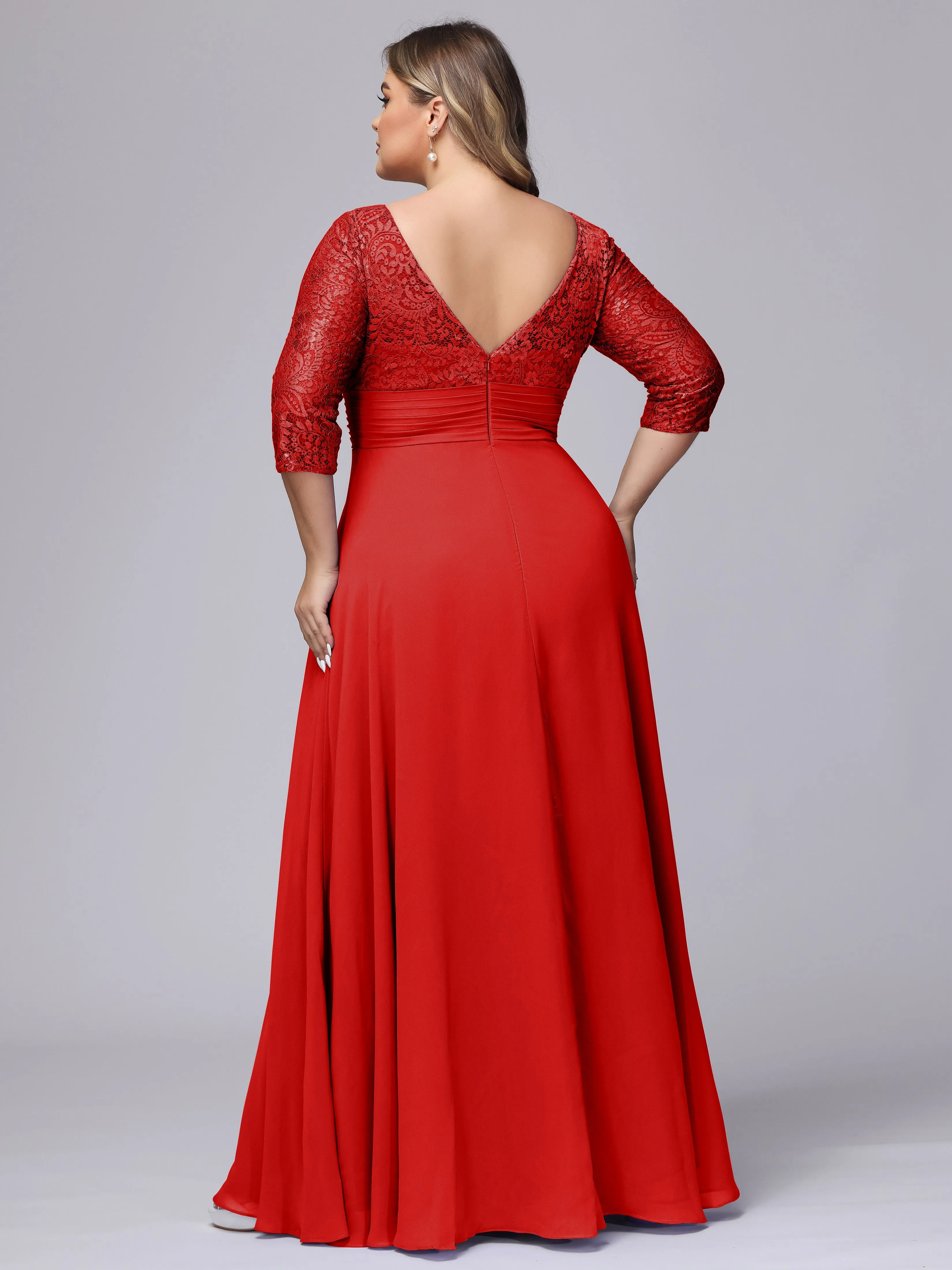 A-line V-Neck 3/4 Sleeves Lace Chiffon Plus Size Bridesmaid Dresses