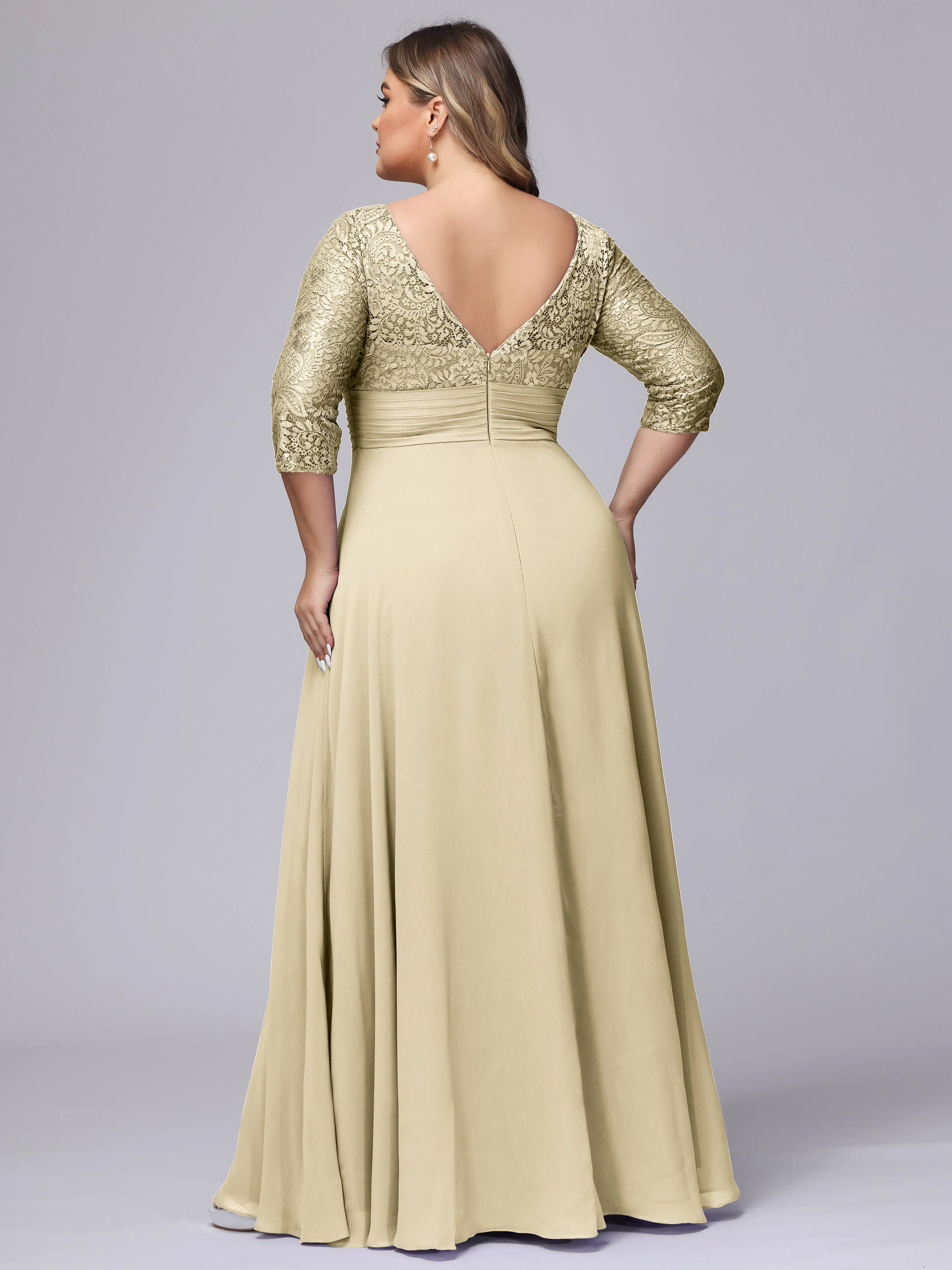 A-line V-Neck 3/4 Sleeves Lace Chiffon Plus Size Bridesmaid Dresses