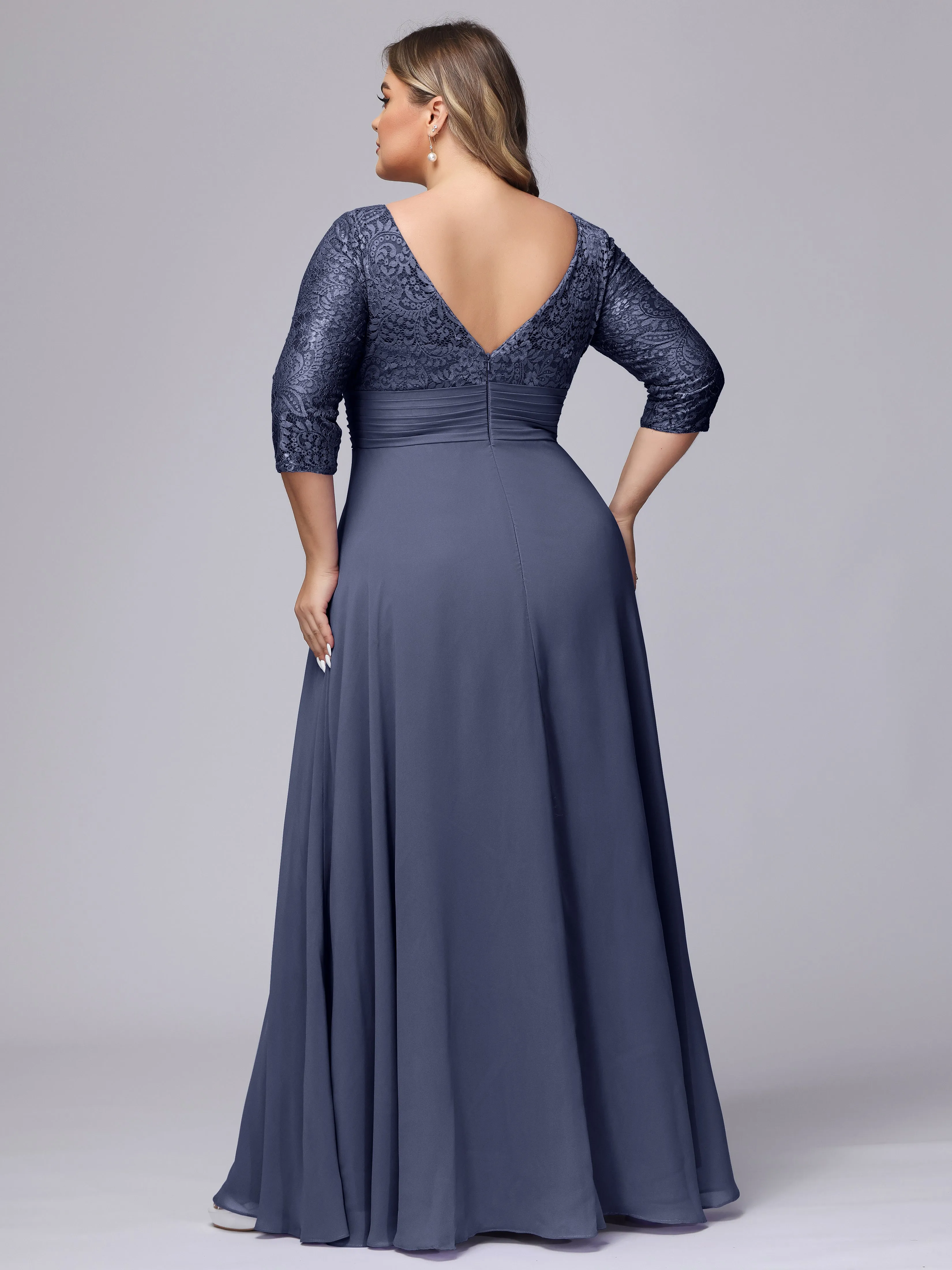 A-line V-Neck 3/4 Sleeves Lace Chiffon Plus Size Bridesmaid Dresses