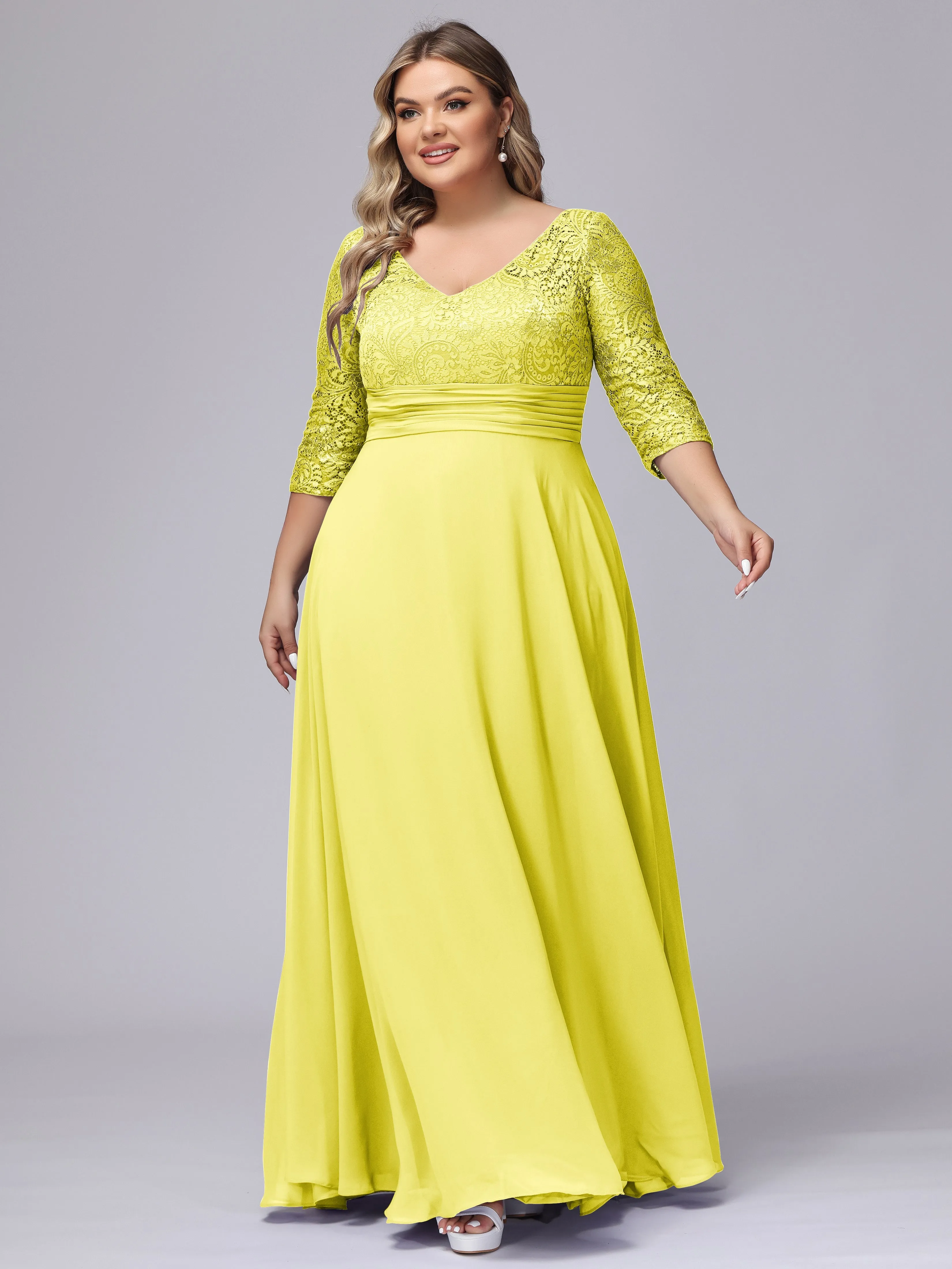 A-line V-Neck 3/4 Sleeves Lace Chiffon Plus Size Bridesmaid Dresses