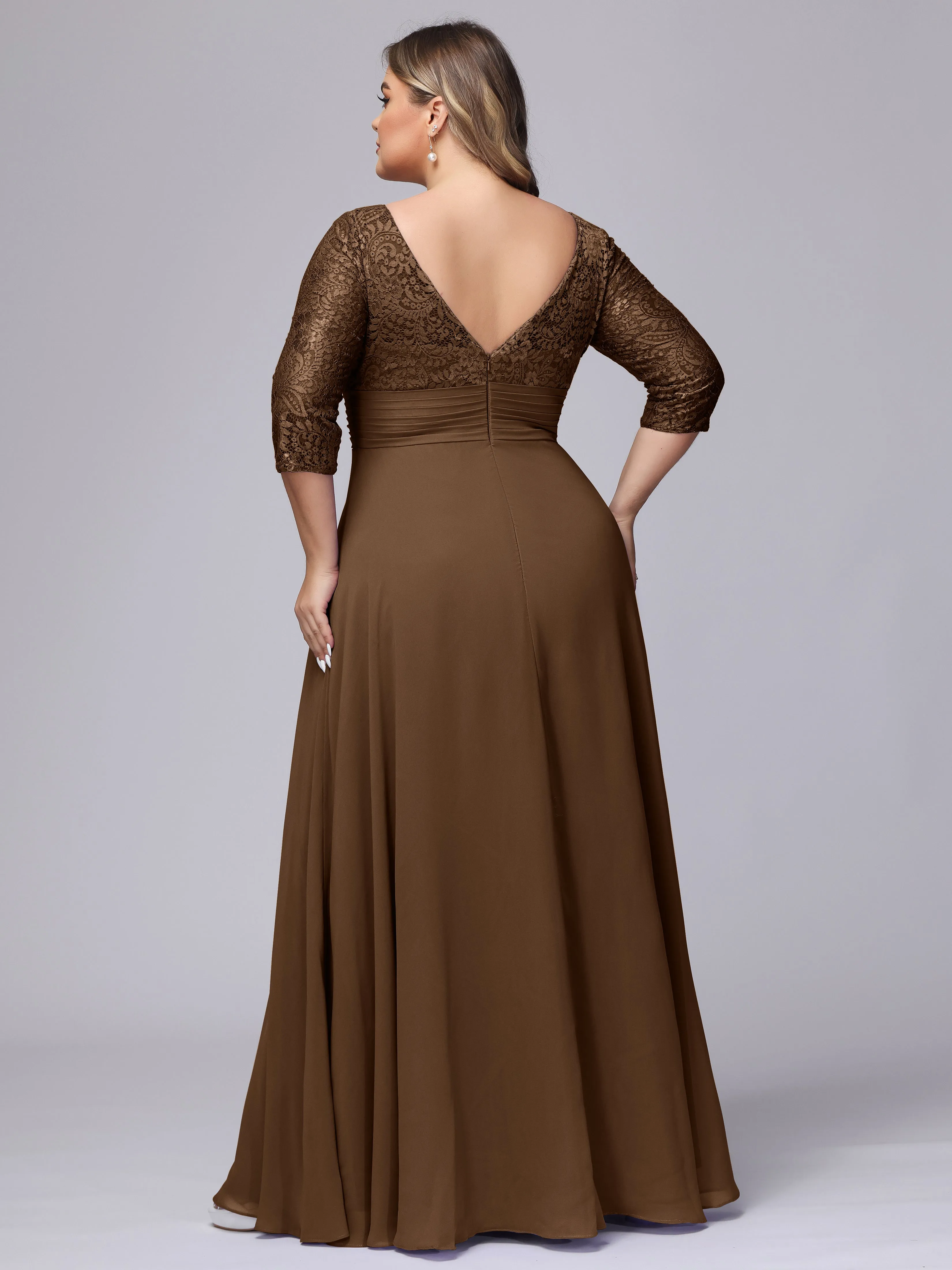 A-line V-Neck 3/4 Sleeves Lace Chiffon Plus Size Bridesmaid Dresses
